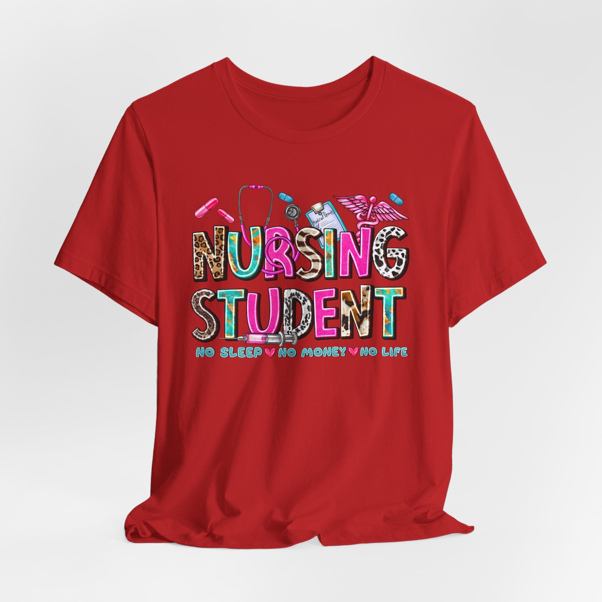 Nursing Student Graphic Tee – Colorful Stethoscope & Scrub Icons