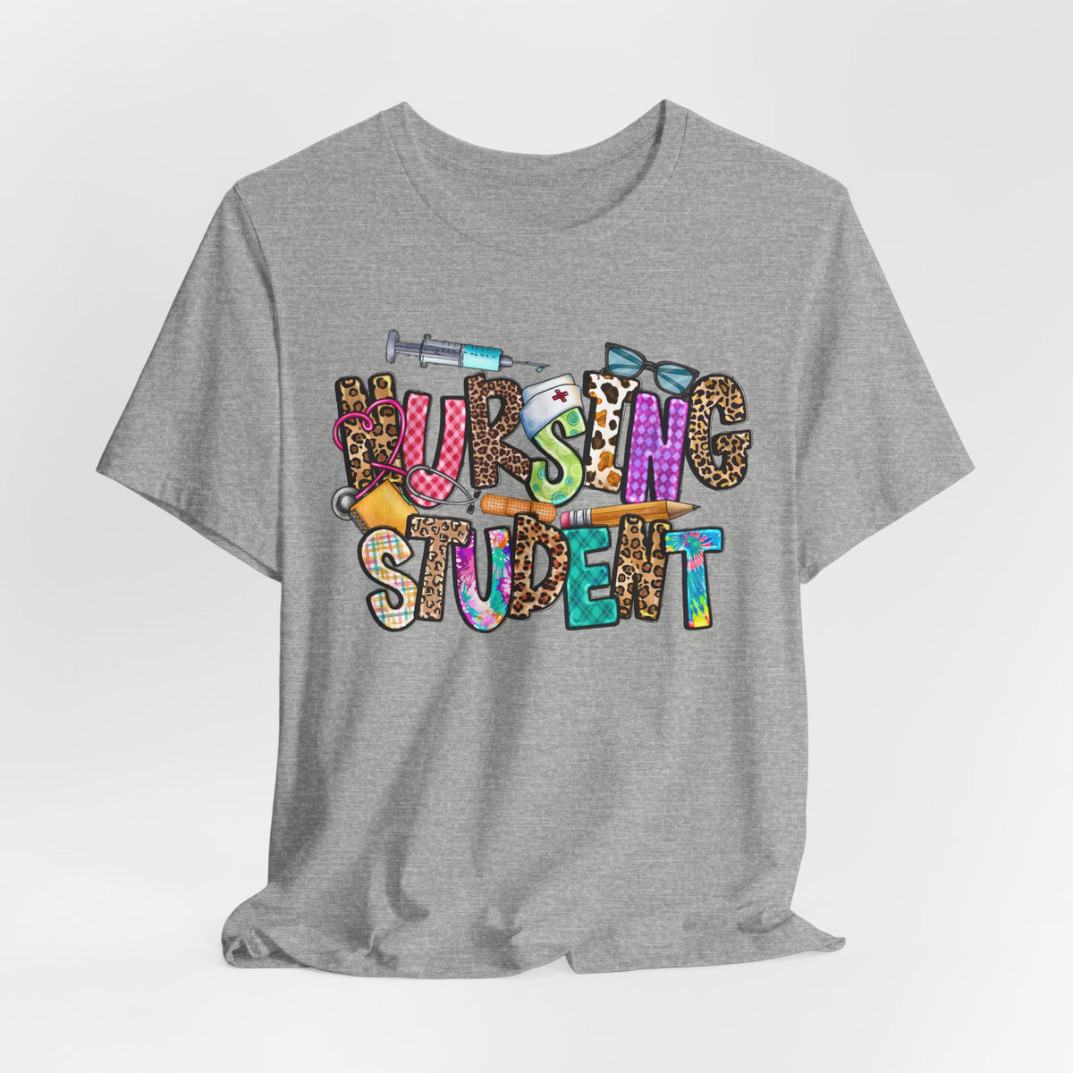 Nursing Student Graphic Tee — Colorful Medical Badge & Syringe Design