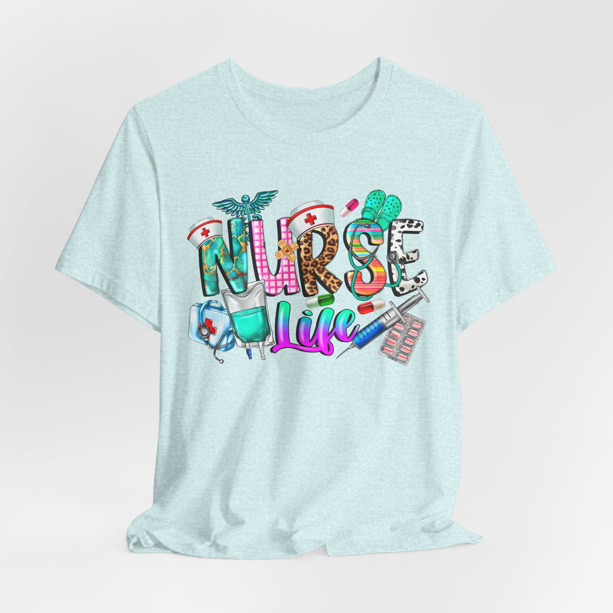 Nurse Life Graphic Tee — Colorful Medical Icons T-Shirt for Nurses