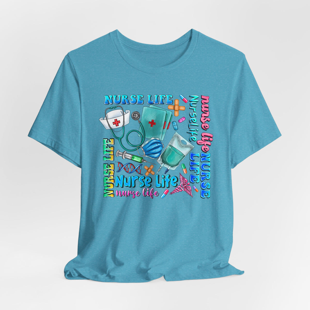 Nurse Life Graphic Tee — Colorful Nursing Icons & 'Nurse Life' Text