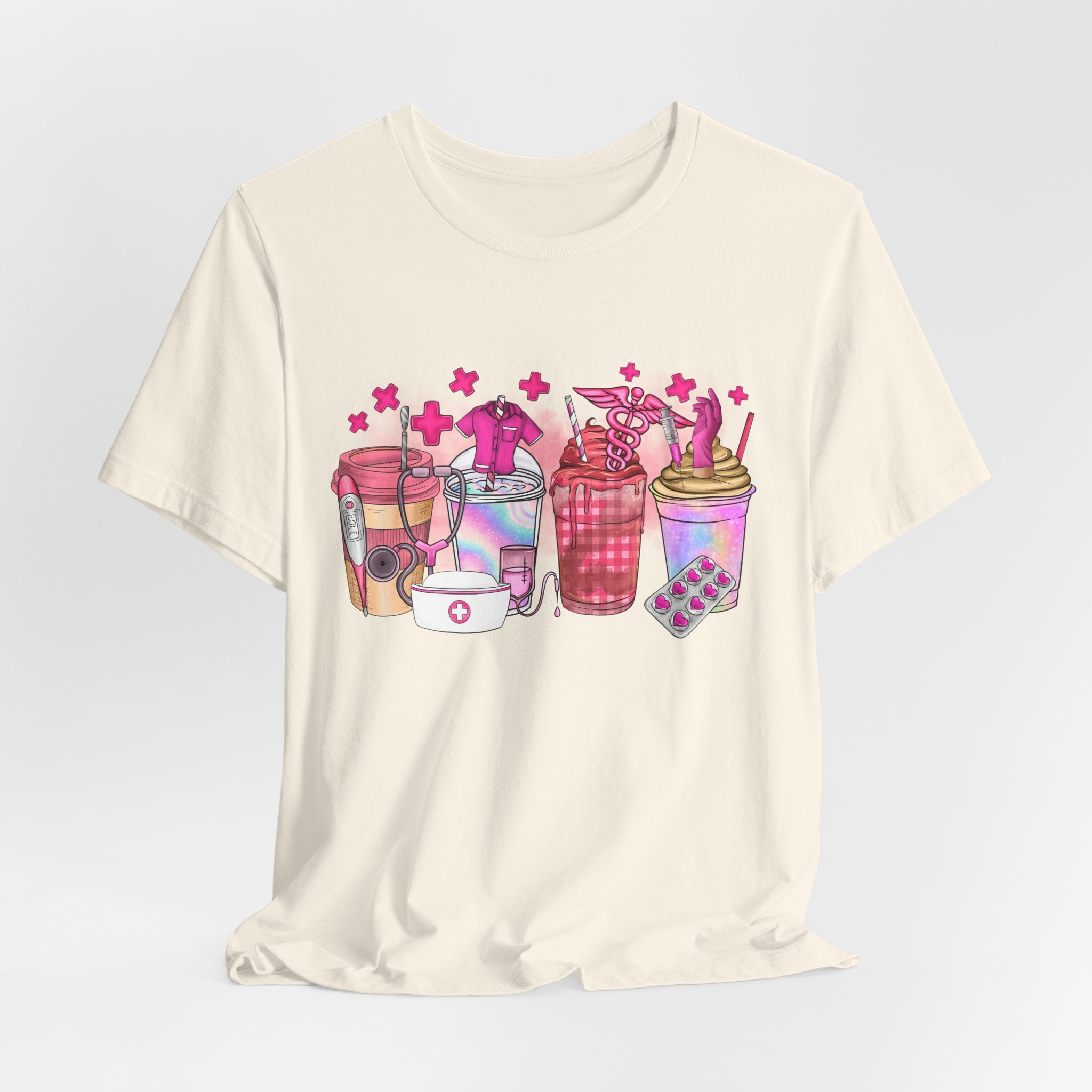 Coffee & Bubble Tea Graphic Tee — Pink Drinks Illustration