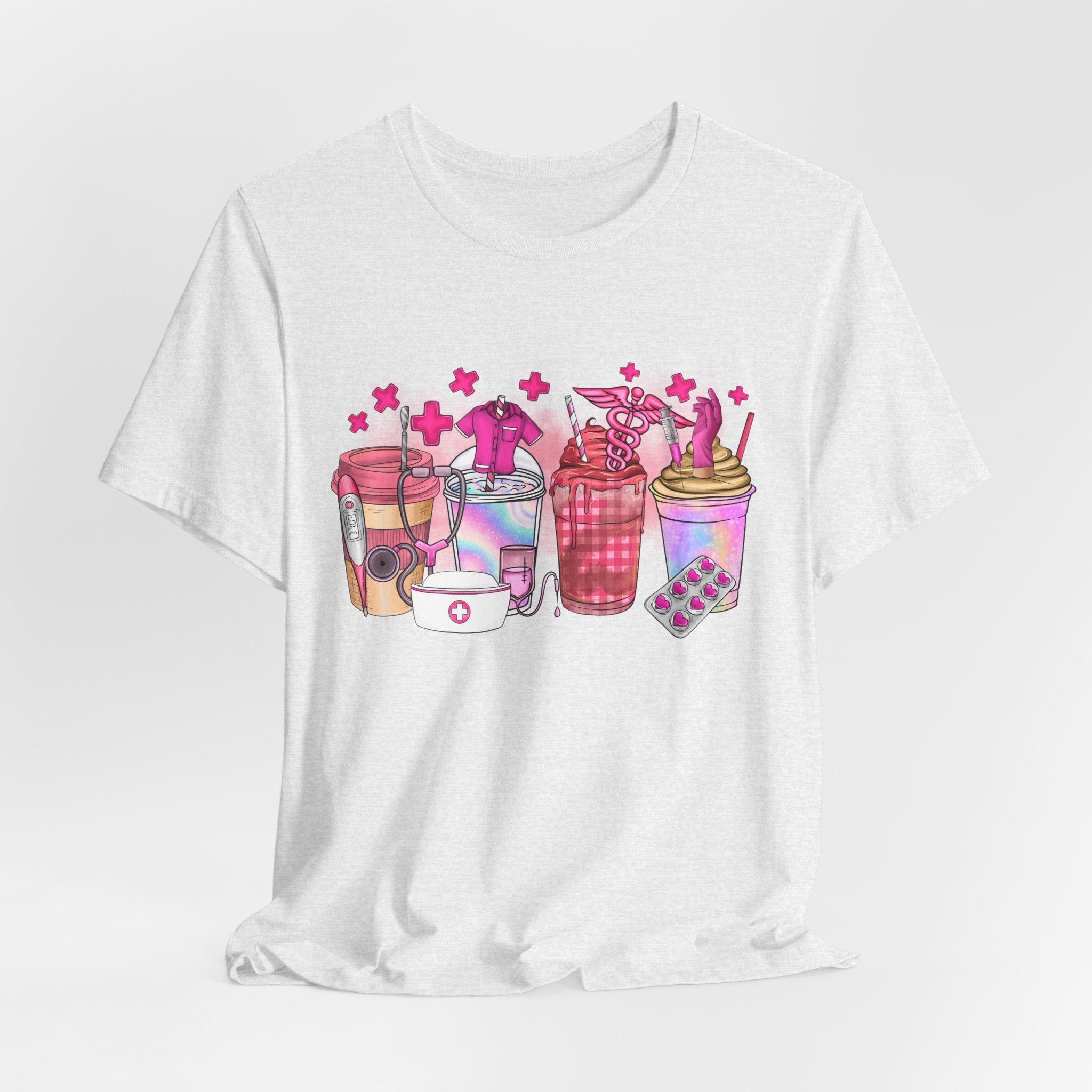 Coffee & Bubble Tea Graphic Tee — Pink Drinks Illustration