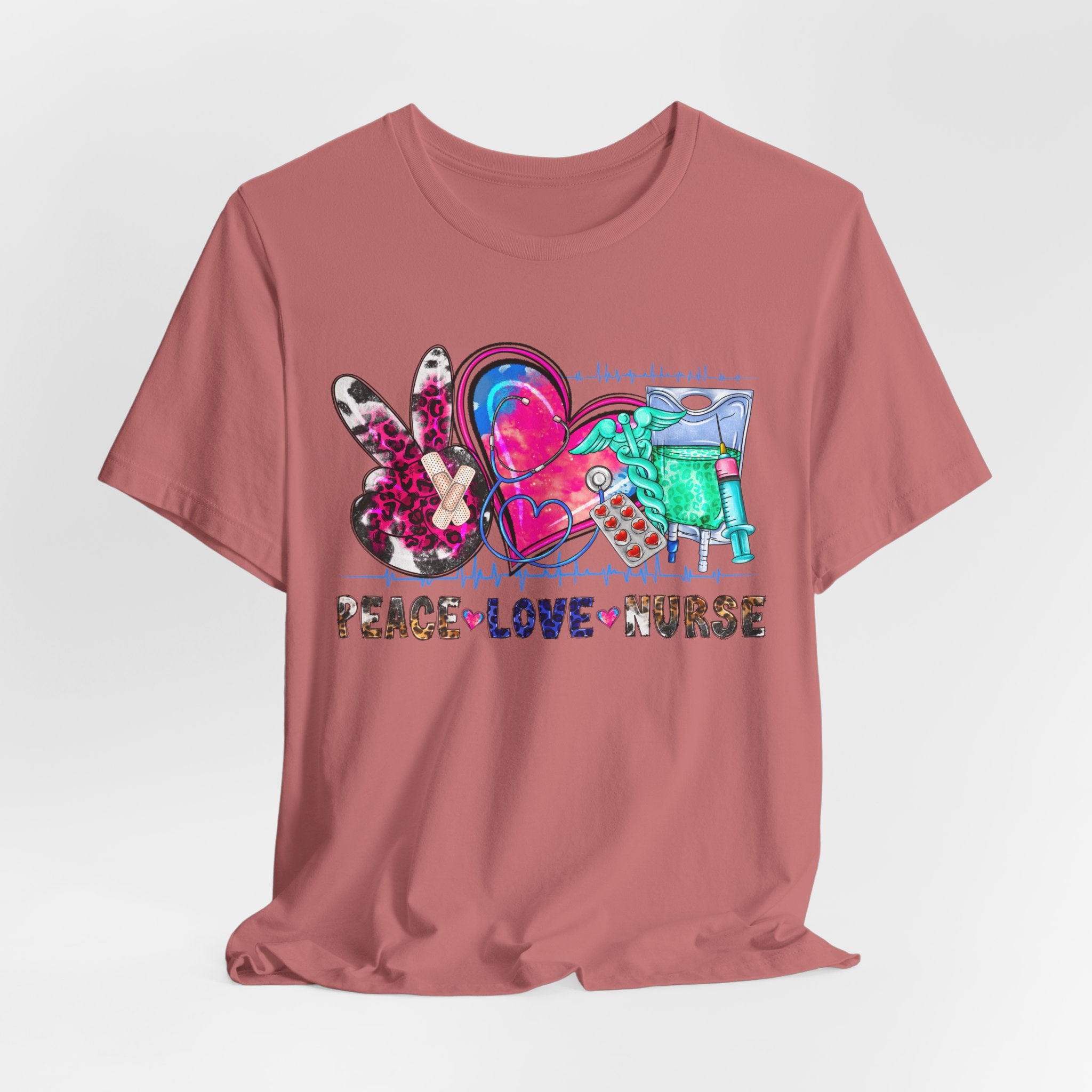 Peace Love Nurse T-Shirt – Colorful Floral Heart & Scrubs Graphic Tee for Nurses