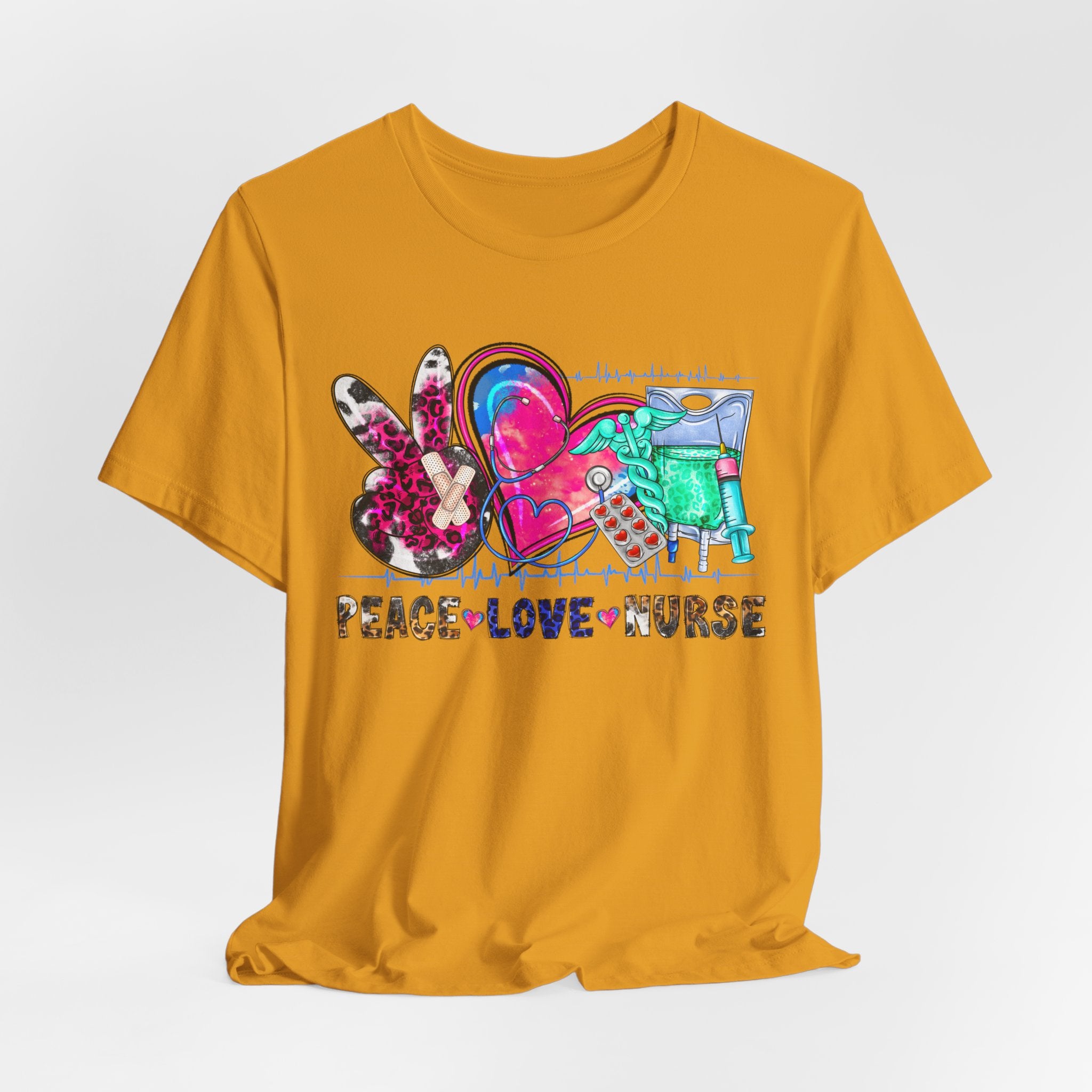 Peace Love Nurse T-Shirt – Colorful Floral Heart & Scrubs Graphic Tee for Nurses