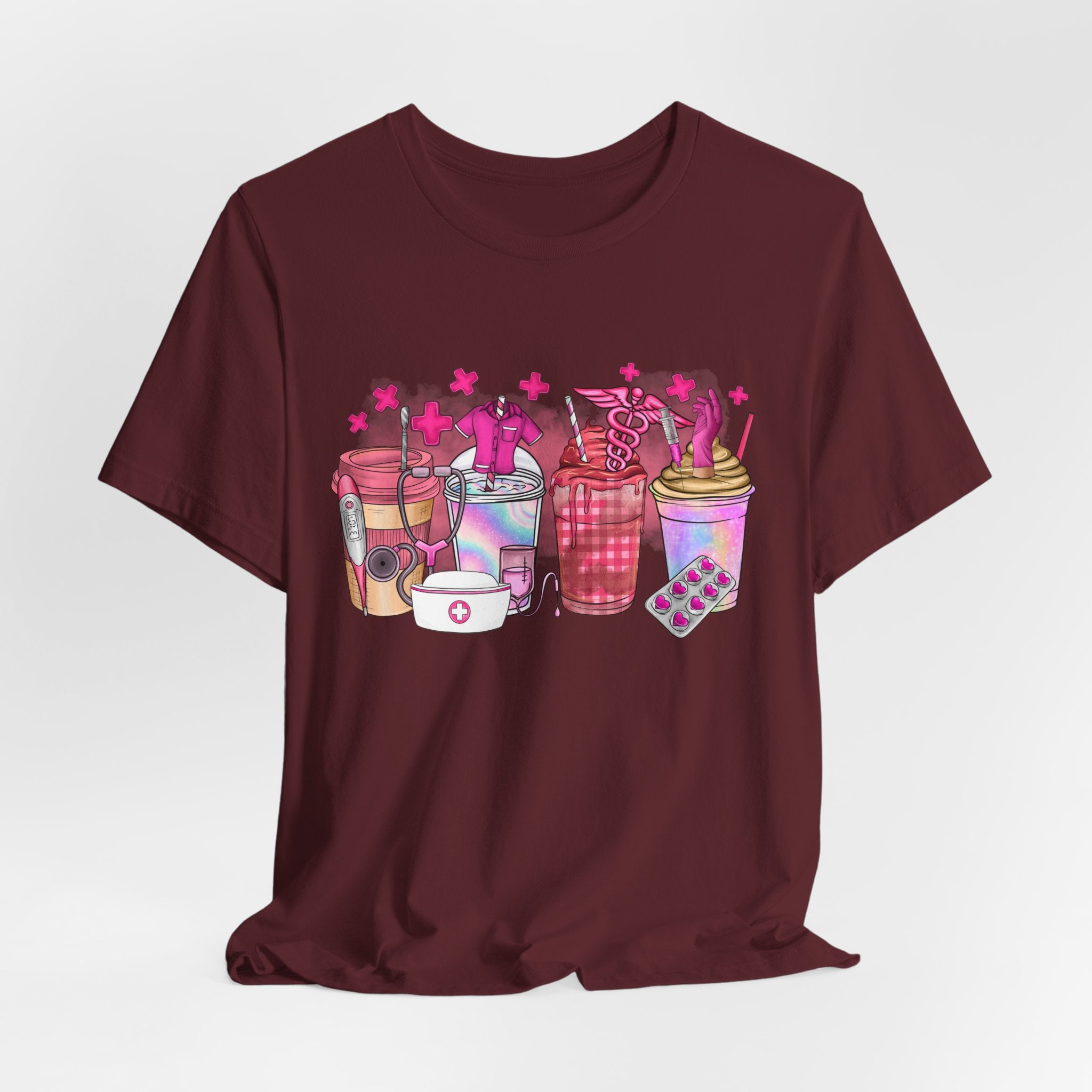 Coffee & Bubble Tea Graphic Tee — Pink Drinks Illustration