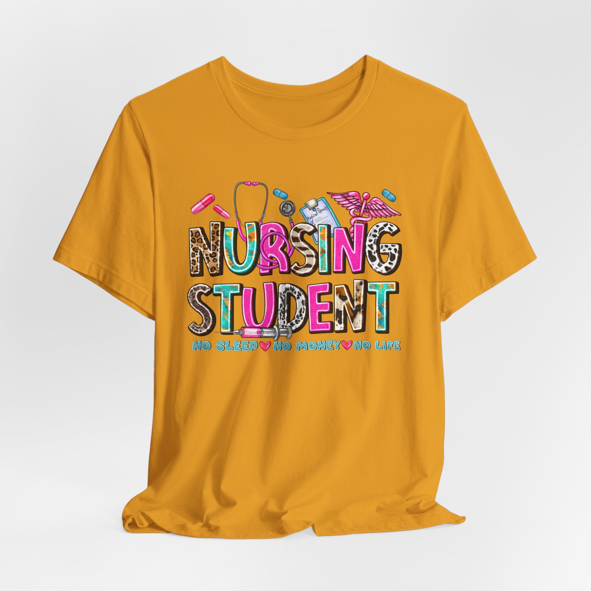 Nursing Student Graphic Tee – Colorful Stethoscope & Scrub Icons