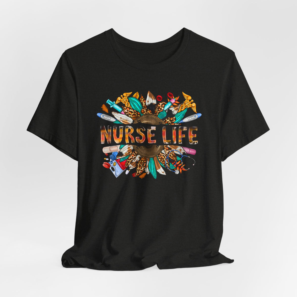 Nurse Life Graphic T-Shirt — Floral Medical Icons Tee for Nurses