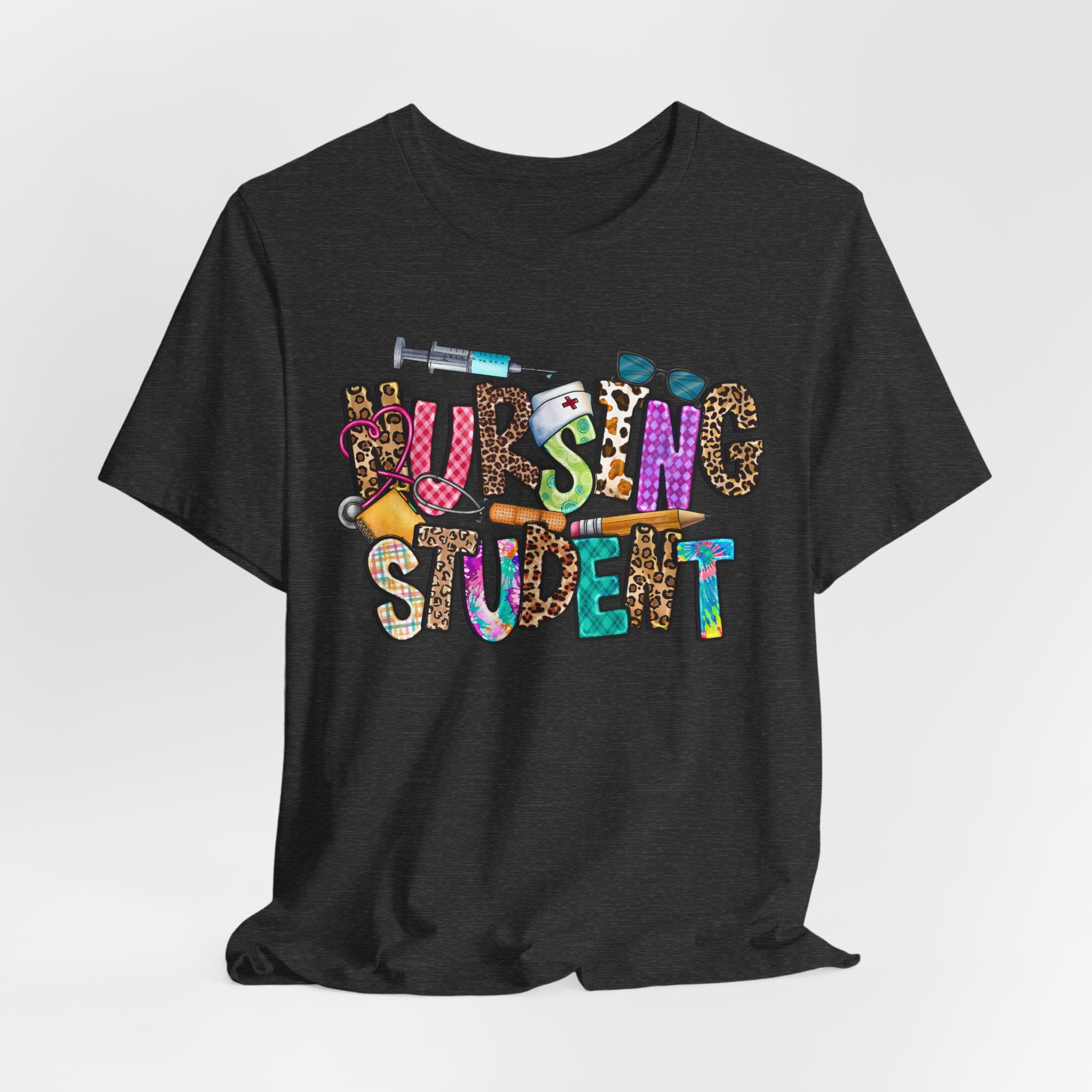 Nursing Student Graphic Tee — Colorful Medical Badge & Syringe Design