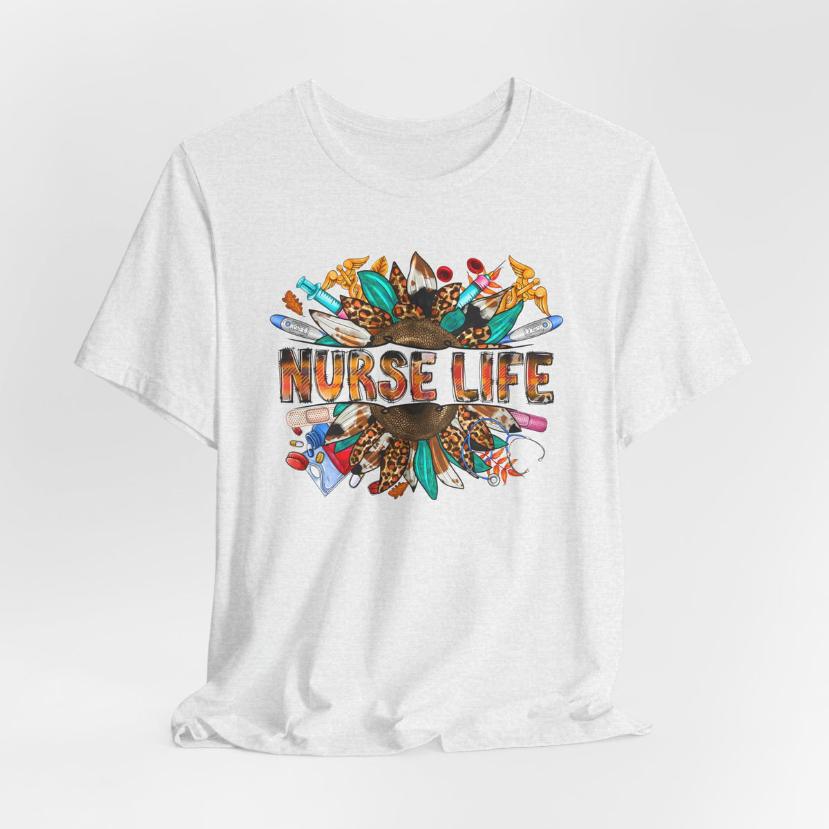 Nurse Life Graphic T-Shirt — Floral Medical Icons Tee for Nurses
