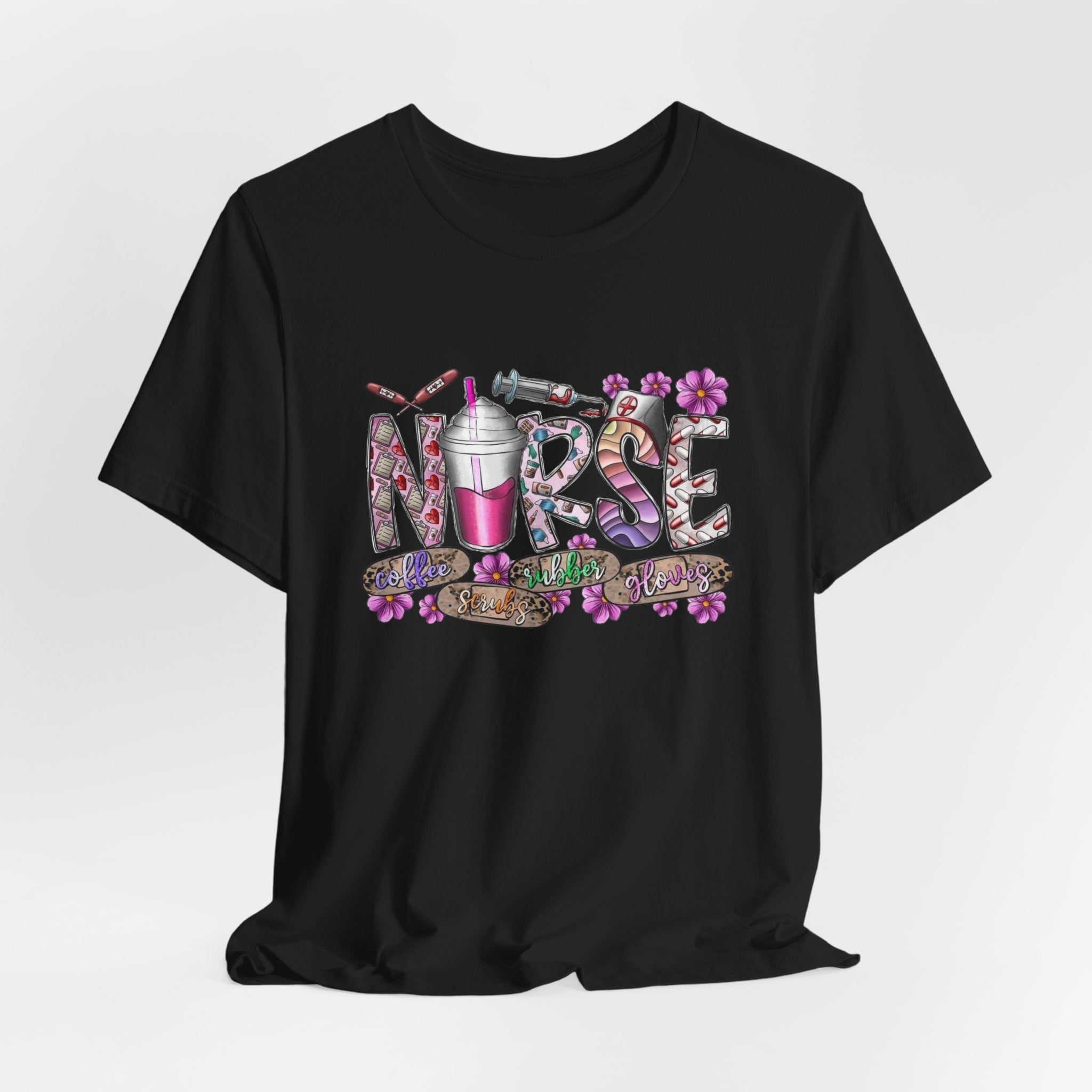 Nurse Floral Stethoscope Tee – Cute Nursing Scrub Shirt with Coffee & Flowers