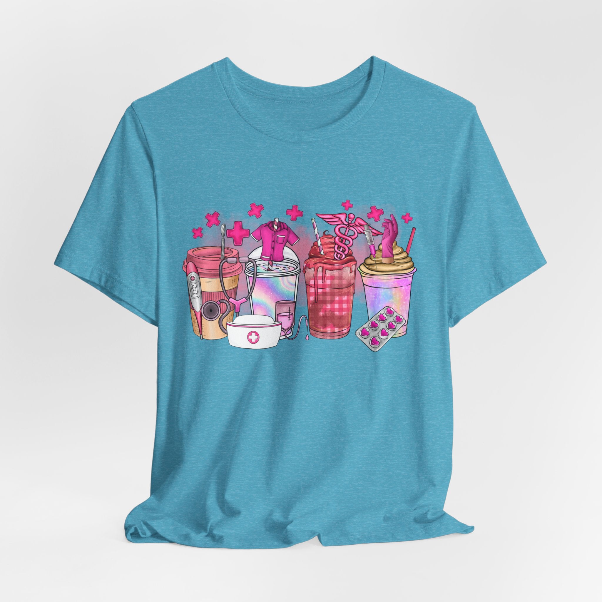 Coffee & Bubble Tea Graphic Tee — Pink Drinks Illustration