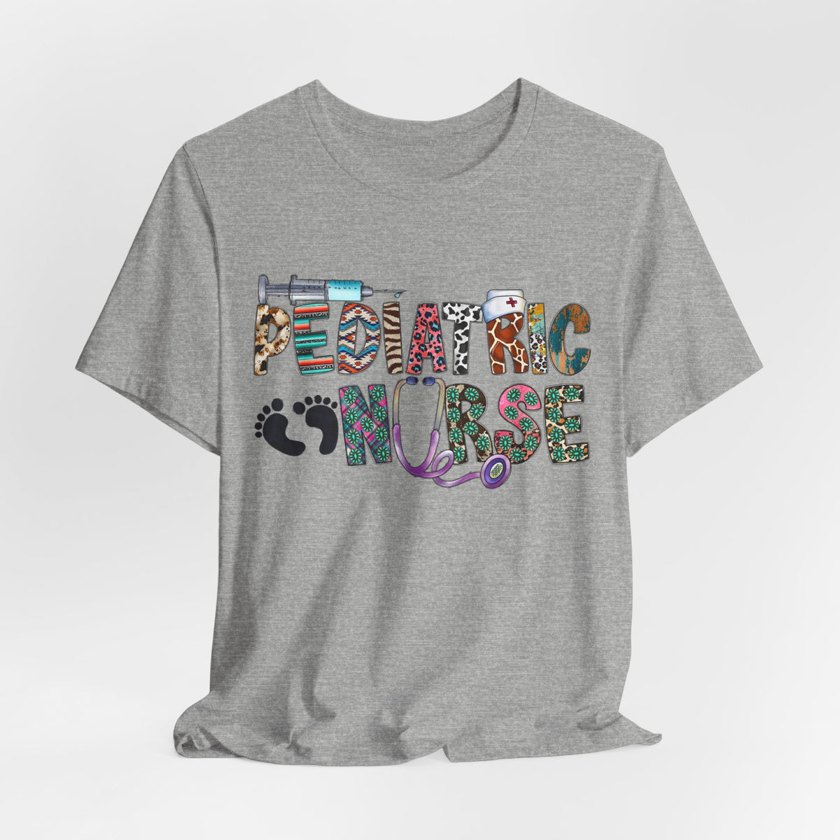 Pediatric Nurse Graphic Tee — Colorful Stethoscope & Baby Prints Design
