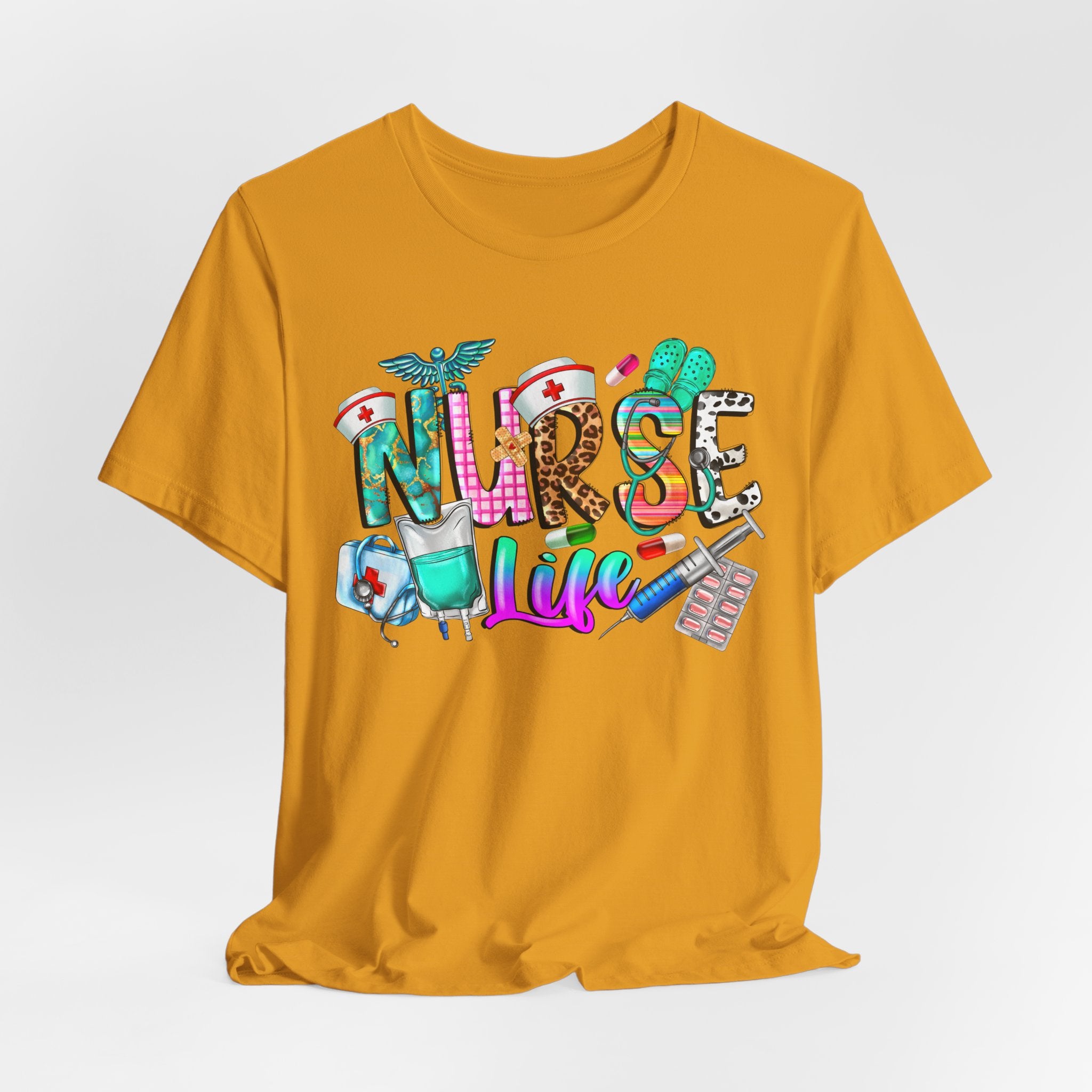 Nurse Life Graphic Tee — Colorful Medical Icons T-Shirt for Nurses