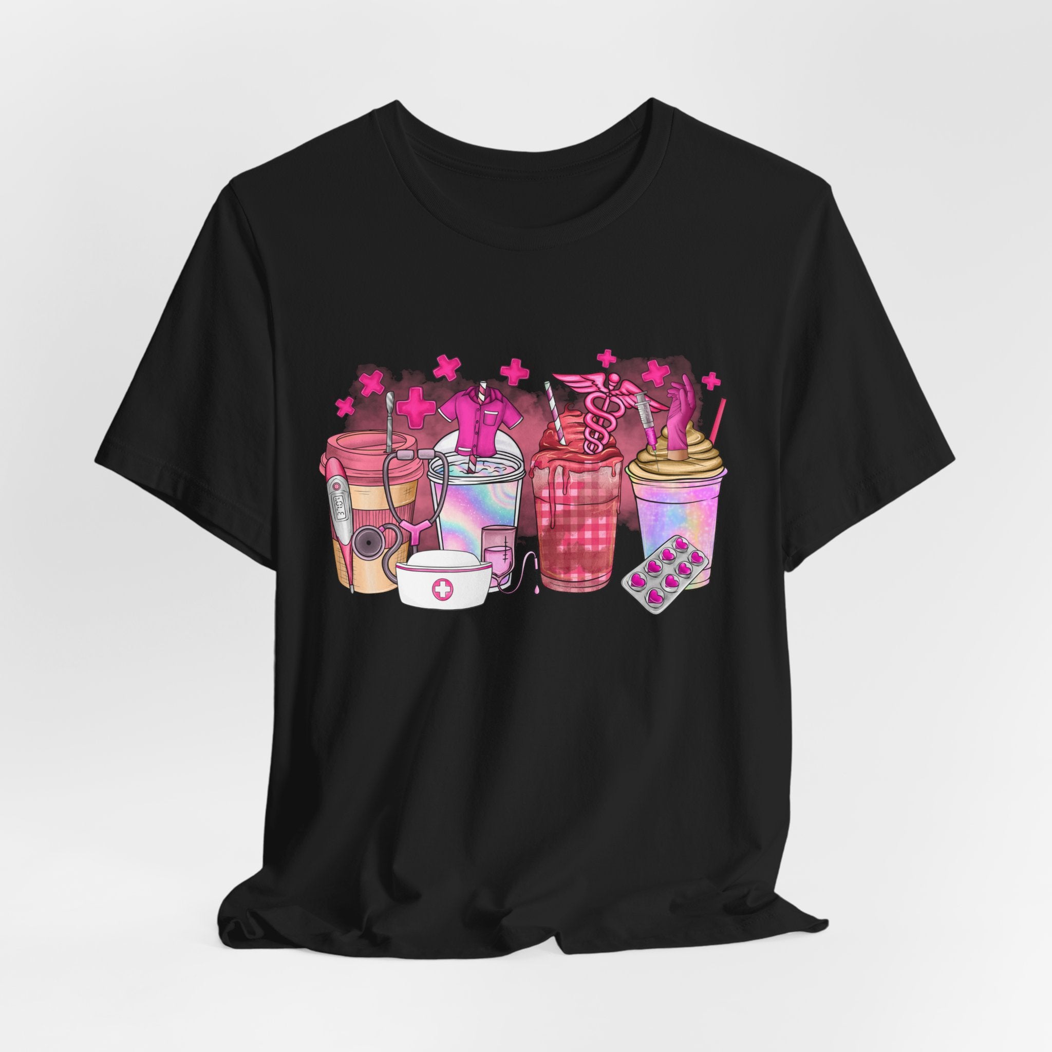 Coffee & Bubble Tea Graphic Tee — Pink Drinks Illustration