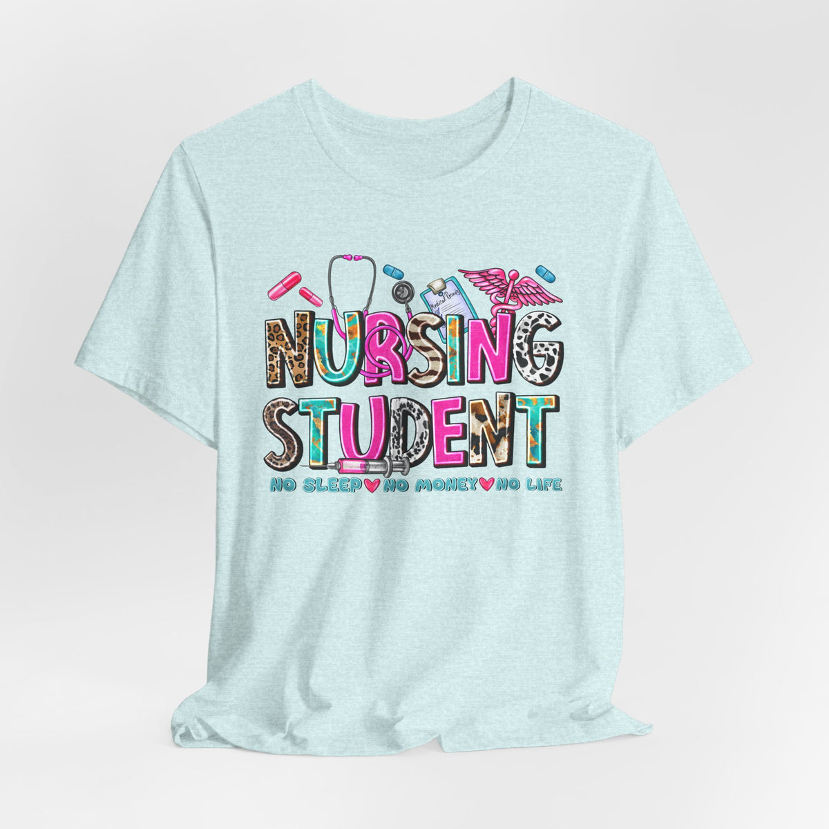 Nursing Student Graphic Tee – Colorful Stethoscope & Scrub Icons