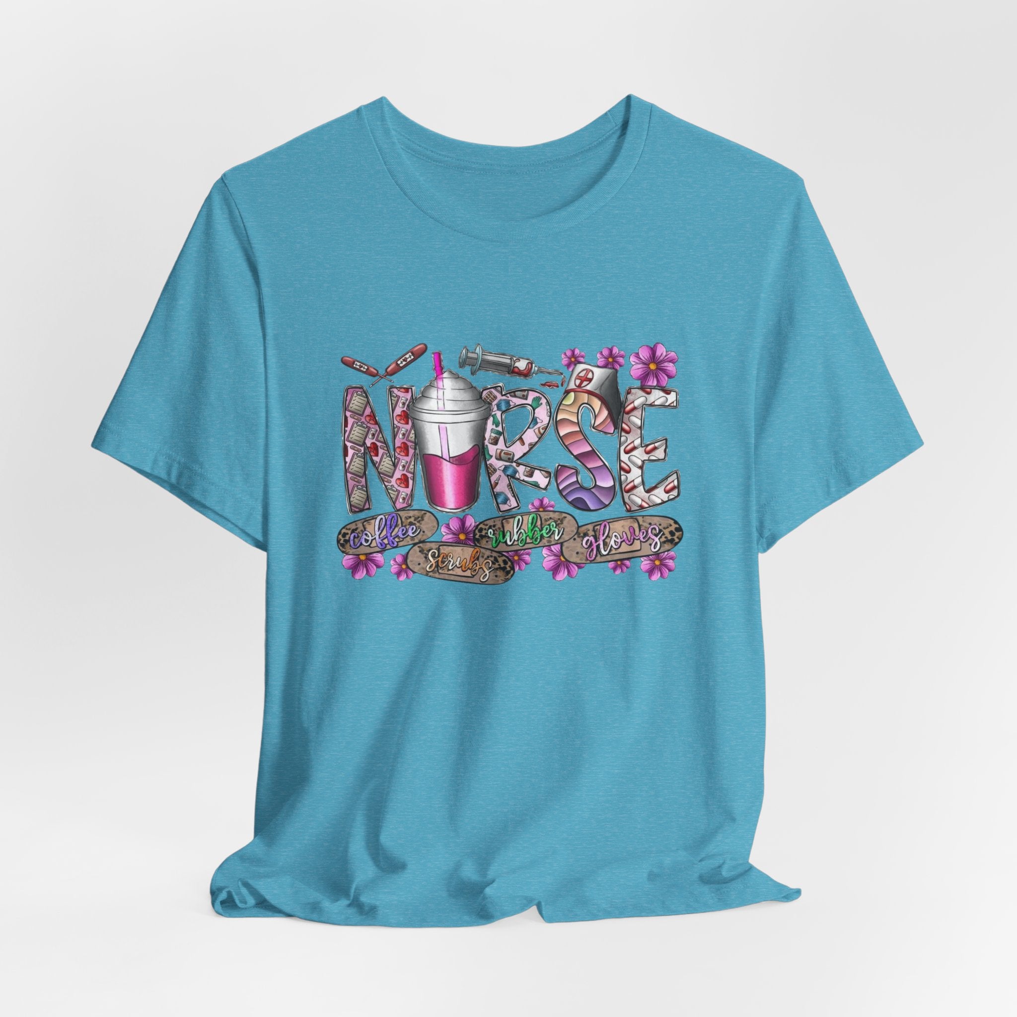 Nurse Floral Stethoscope Tee – Cute Nursing Scrub Shirt with Coffee & Flowers