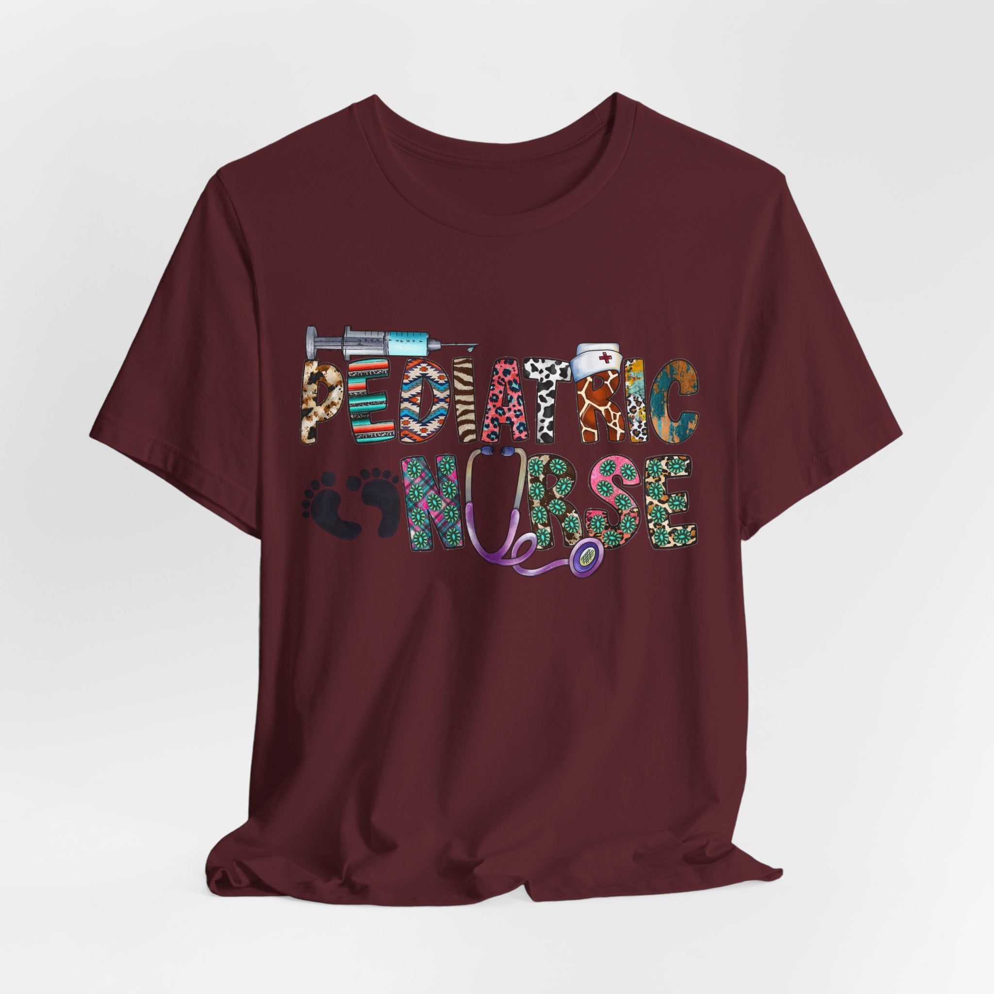 Pediatric Nurse Graphic Tee — Colorful Stethoscope & Baby Prints Design
