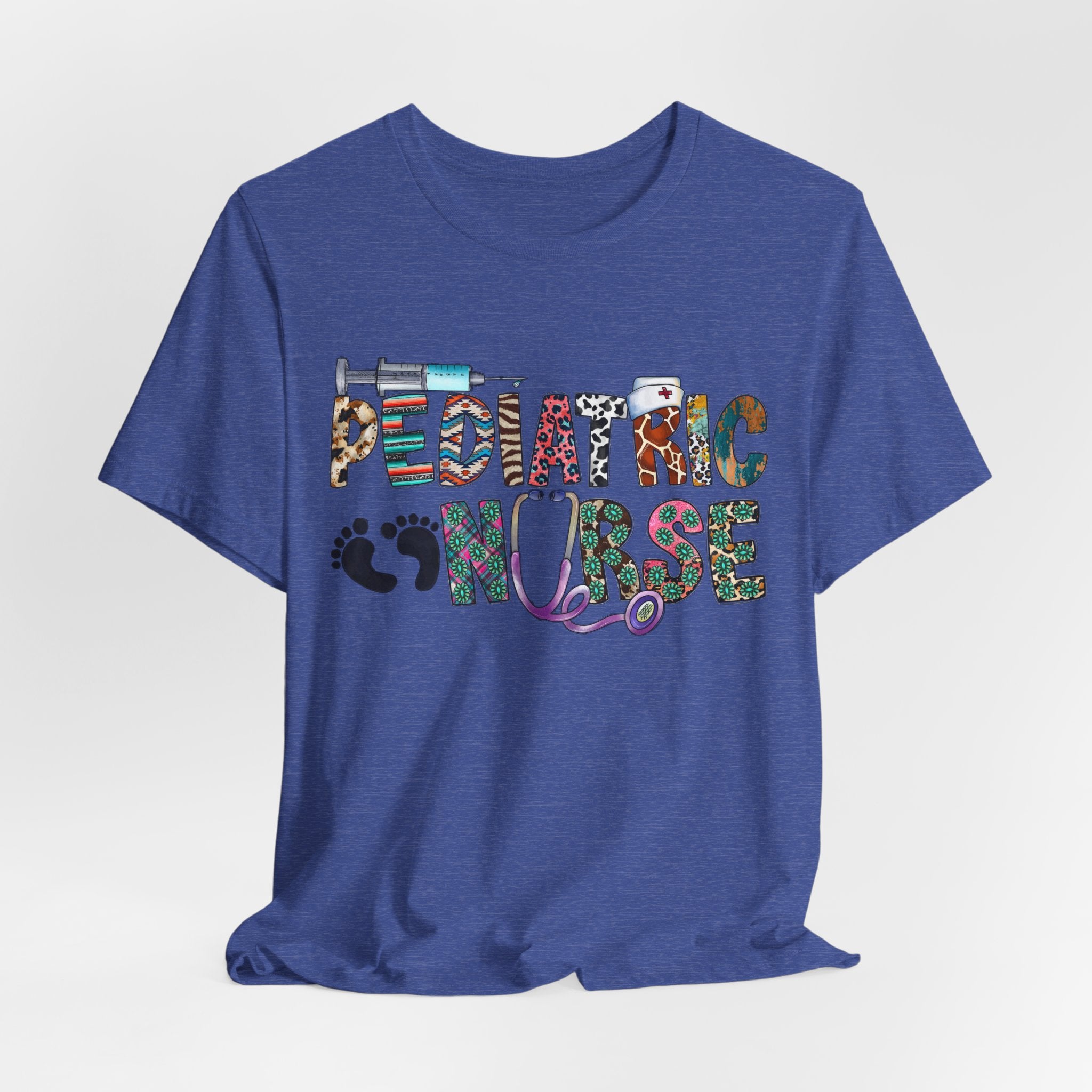Pediatric Nurse Graphic Tee — Colorful Stethoscope & Baby Prints Design