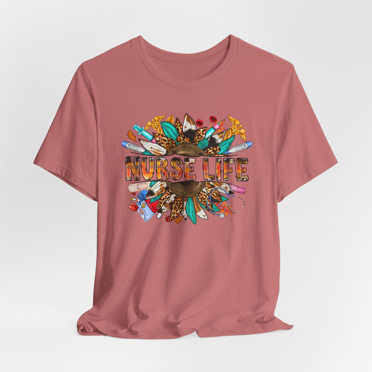 Nurse Life Graphic T-Shirt — Floral Medical Icons Tee for Nurses