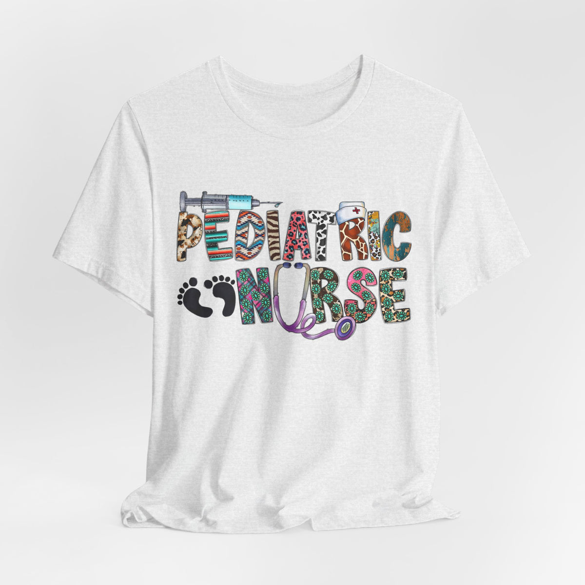 Pediatric Nurse Graphic Tee — Colorful Stethoscope & Baby Prints Design