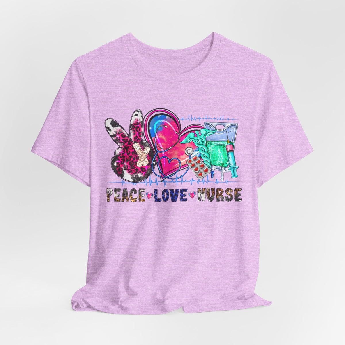 Peace Love Nurse T-Shirt – Colorful Floral Heart & Scrubs Graphic Tee for Nurses