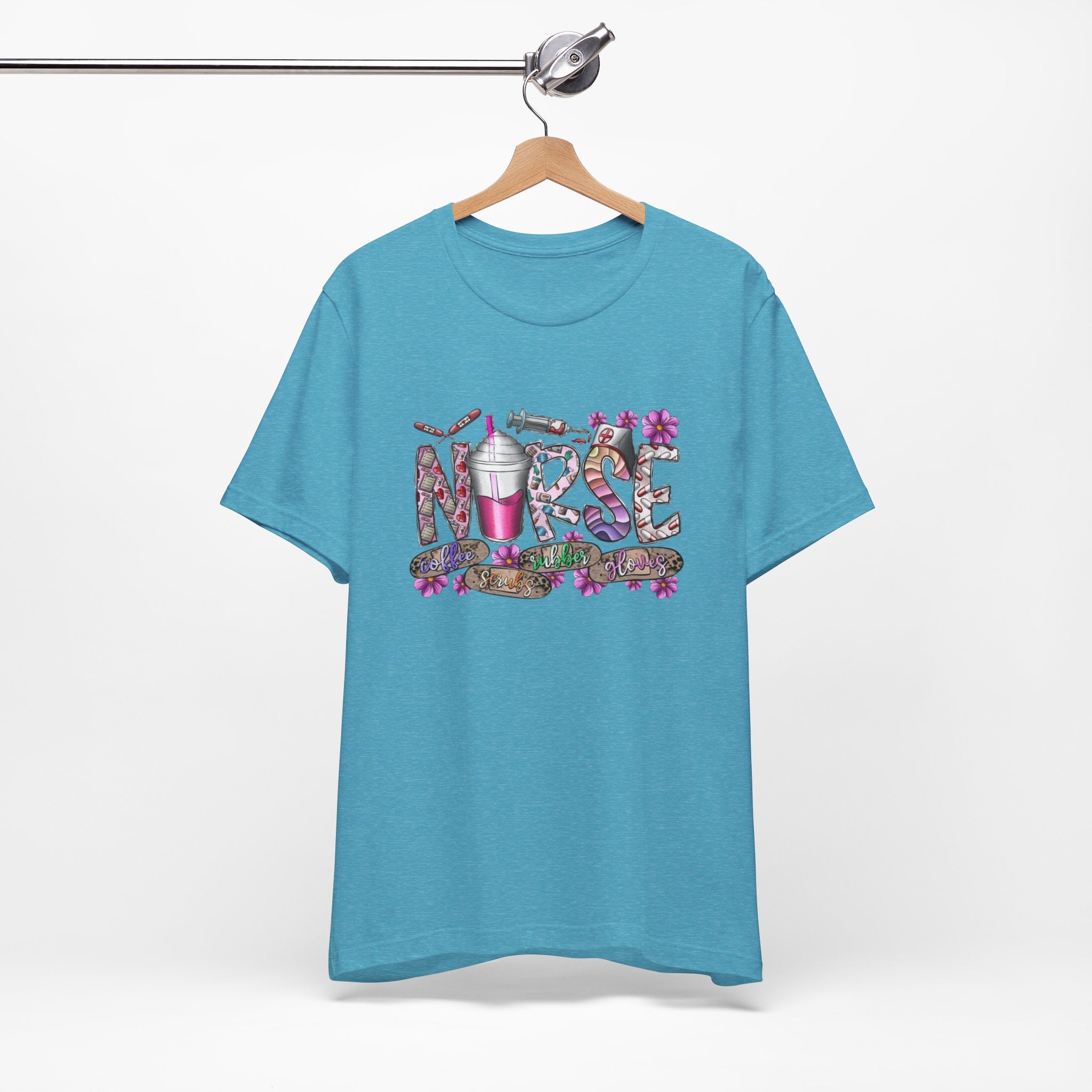 Nurse Floral Stethoscope Tee – Cute Nursing Scrub Shirt with Coffee & Flowers