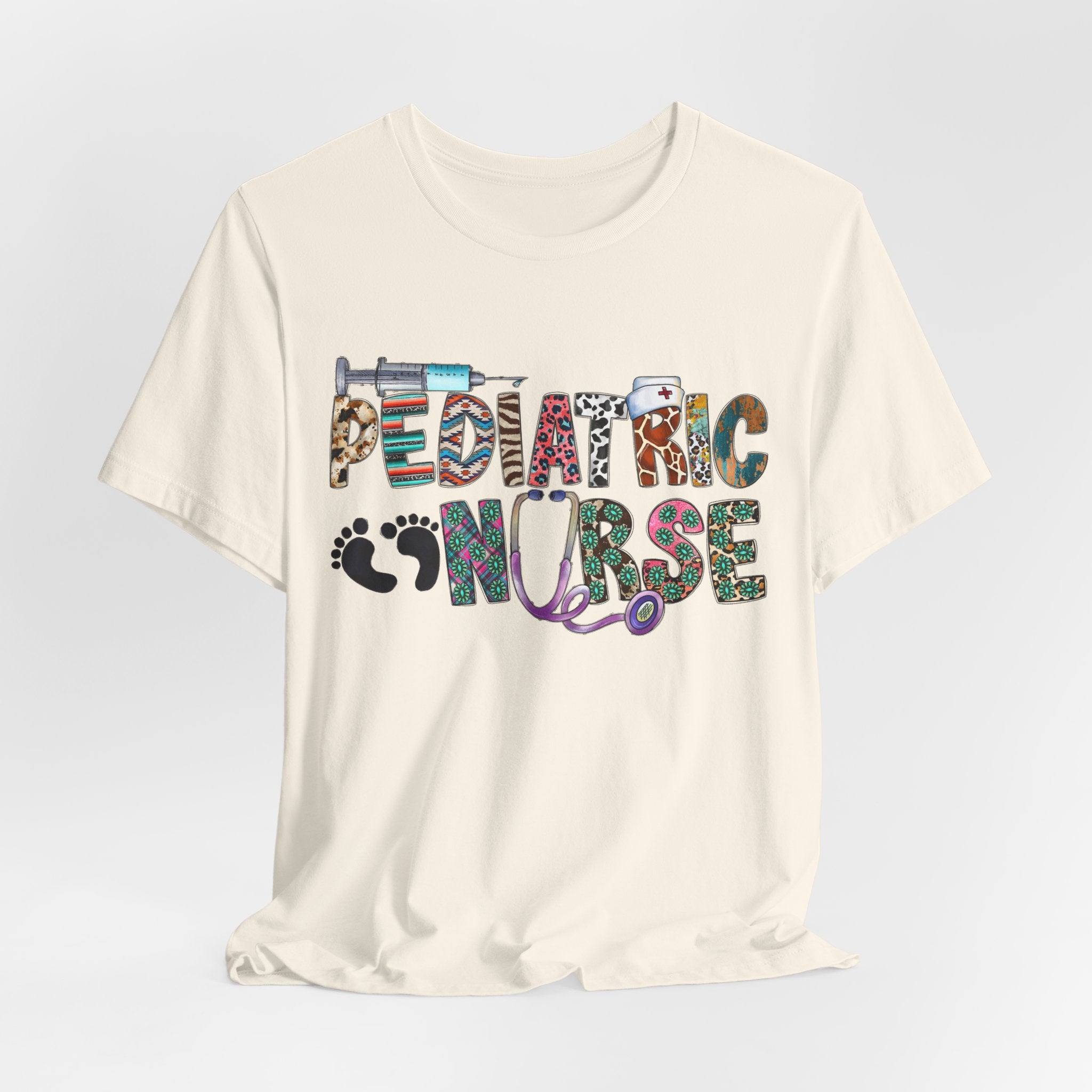 Pediatric Nurse Graphic Tee — Colorful Stethoscope & Baby Prints Design