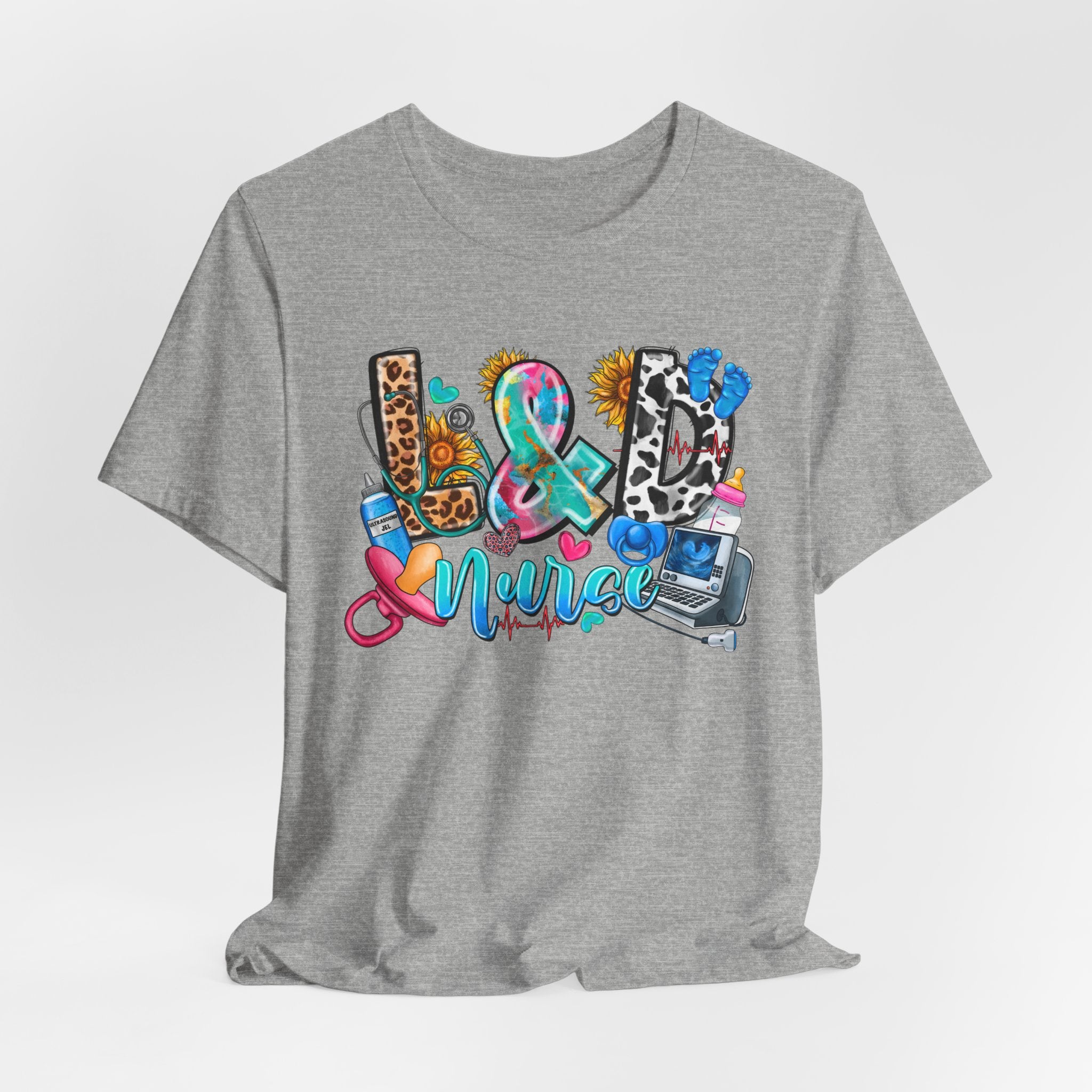 Nurse Life Graphic Tee — Colorful Medical Icons & Stethoscope Design