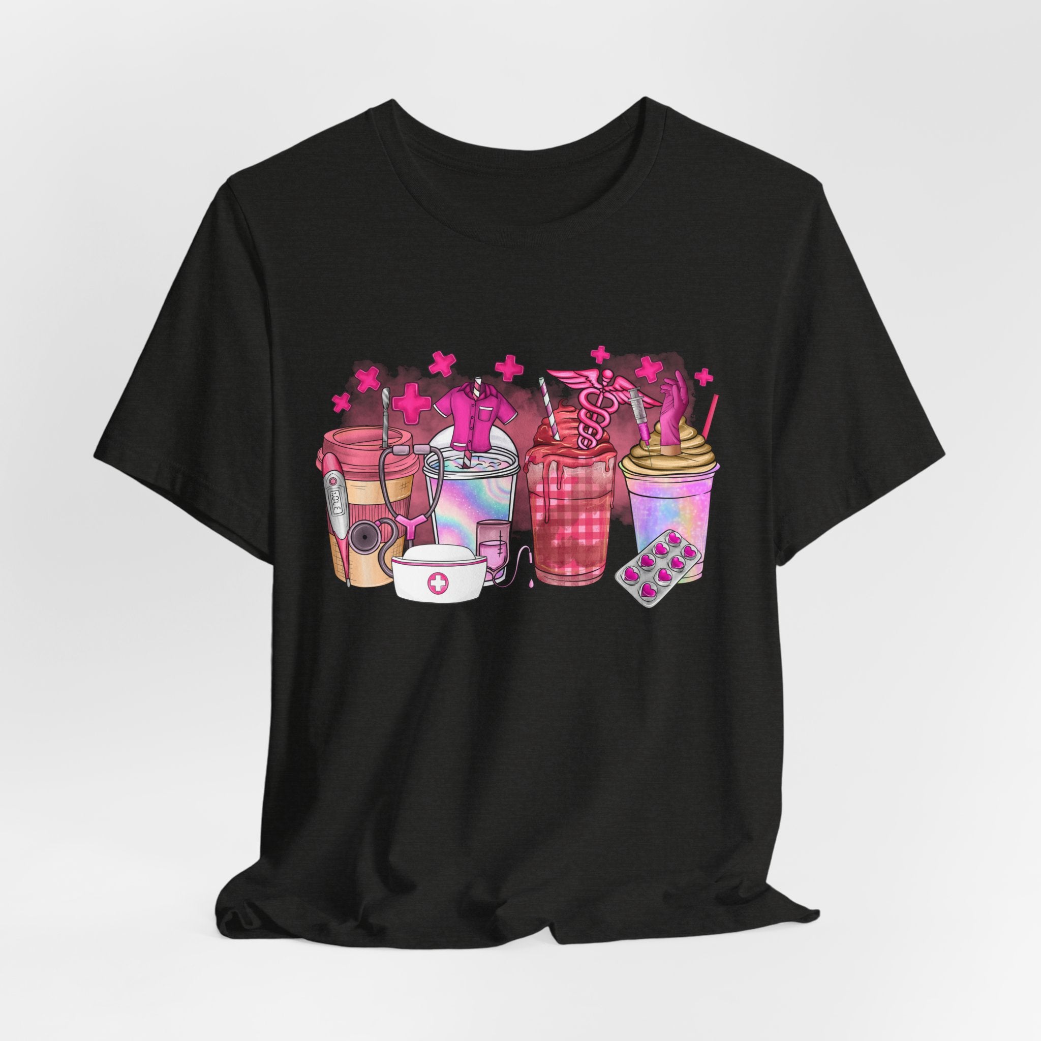 Coffee & Bubble Tea Graphic Tee — Pink Drinks Illustration