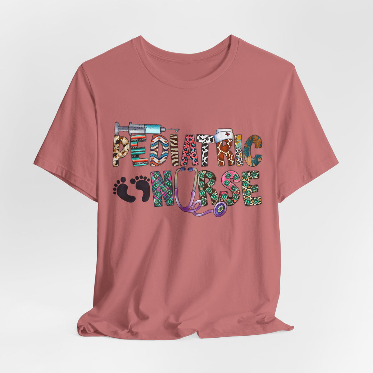 Pediatric Nurse Graphic Tee — Colorful Stethoscope & Baby Prints Design