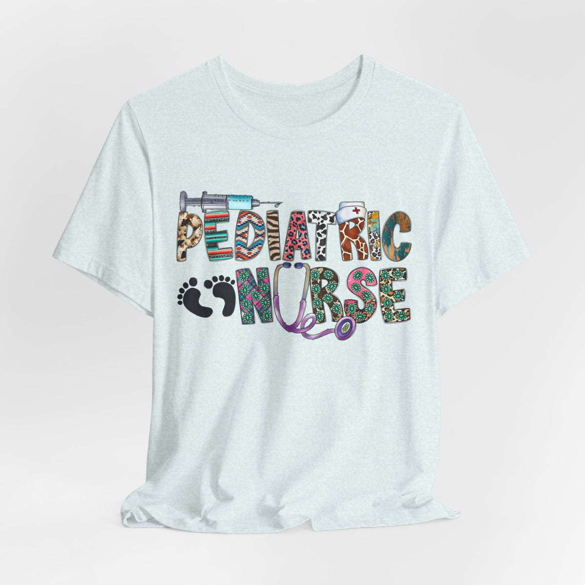Pediatric Nurse Graphic Tee — Colorful Stethoscope & Baby Prints Design