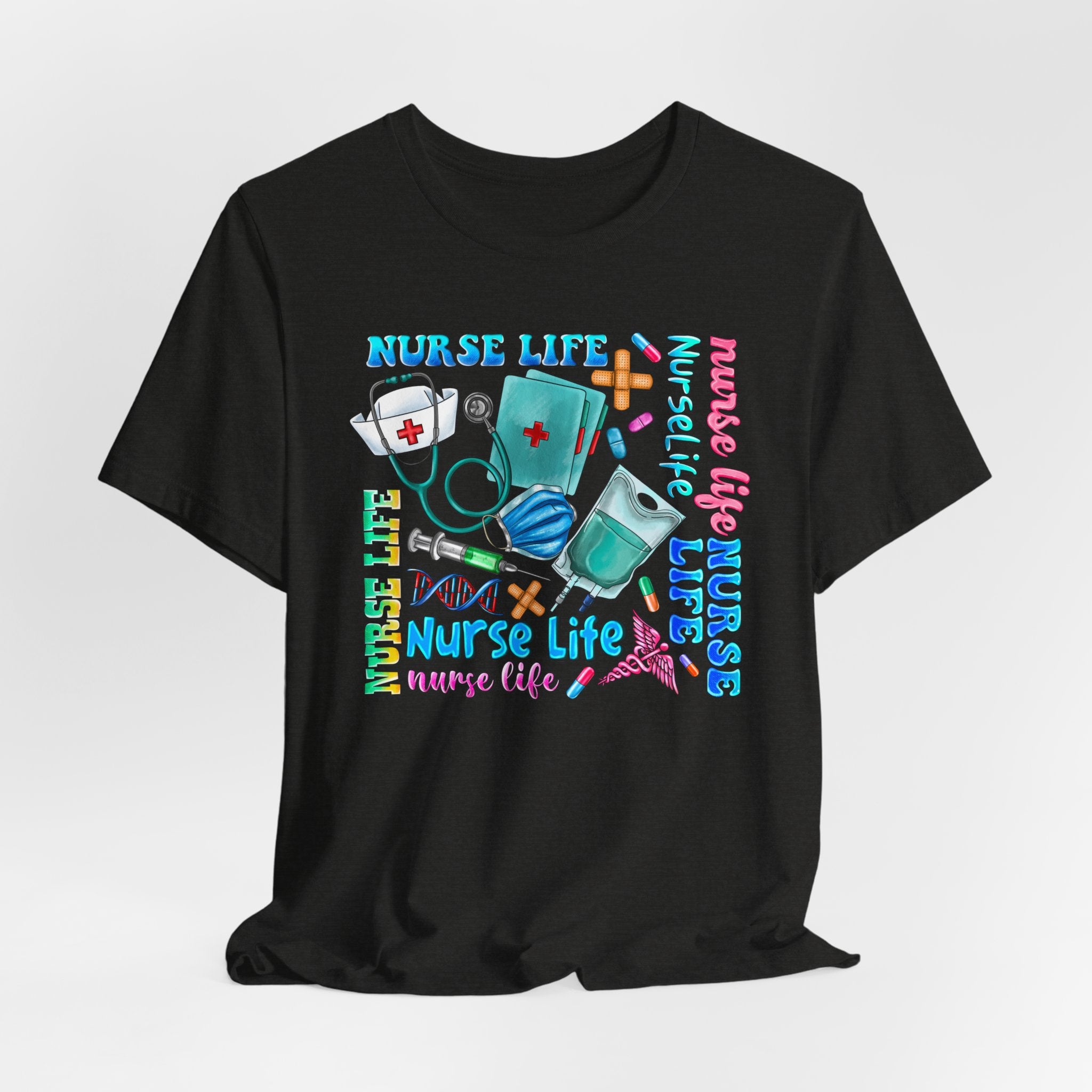 Nurse Life Graphic Tee — Colorful Nursing Icons & 'Nurse Life' Text