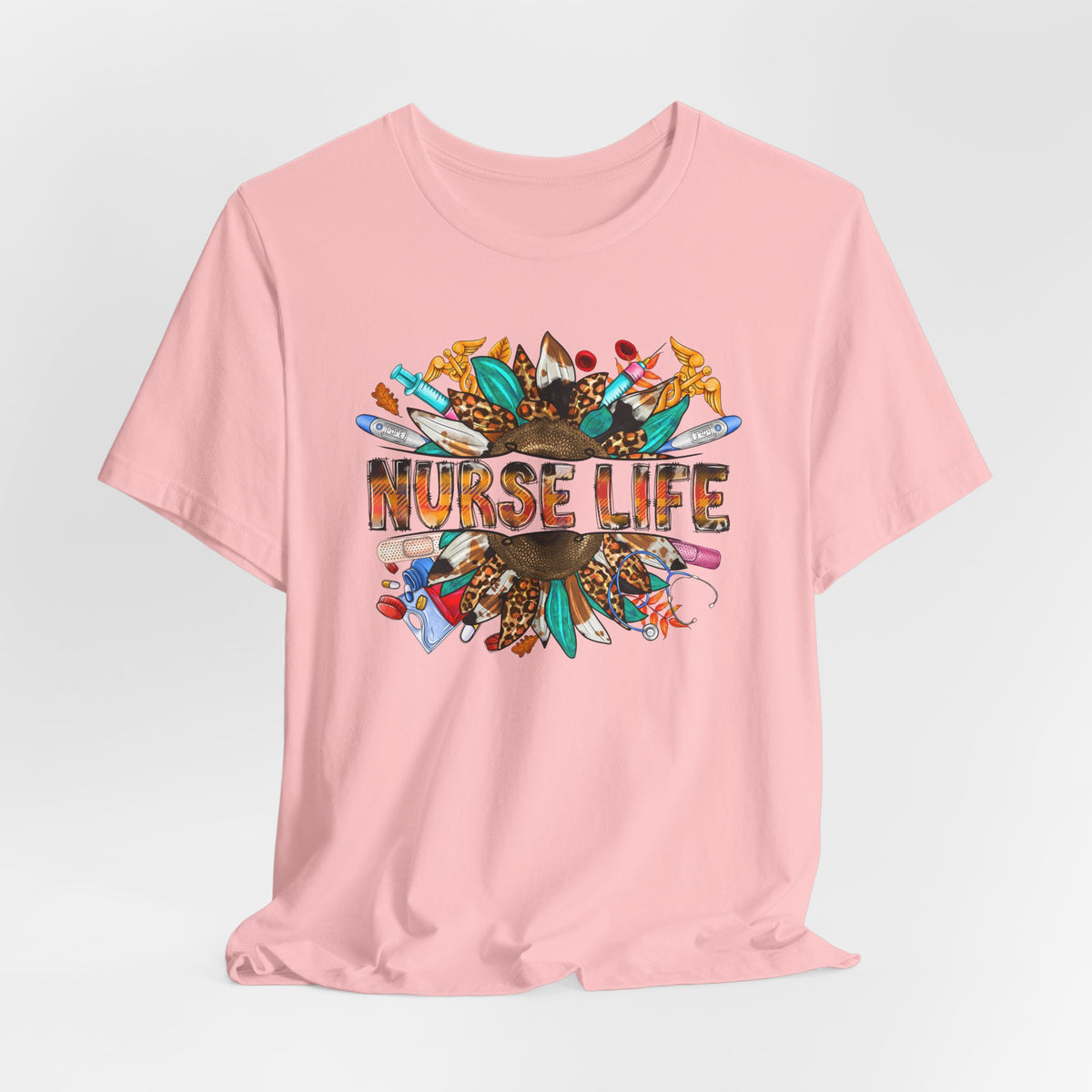 Nurse Life Graphic T-Shirt — Floral Medical Icons Tee for Nurses