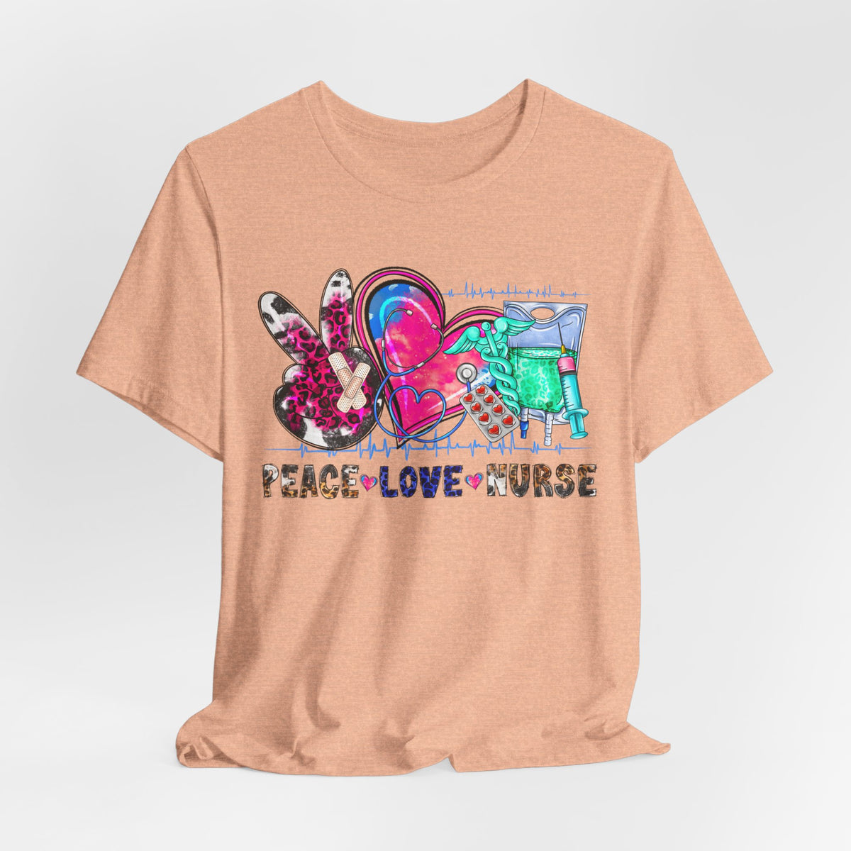 Peace Love Nurse T-Shirt – Colorful Floral Heart & Scrubs Graphic Tee for Nurses