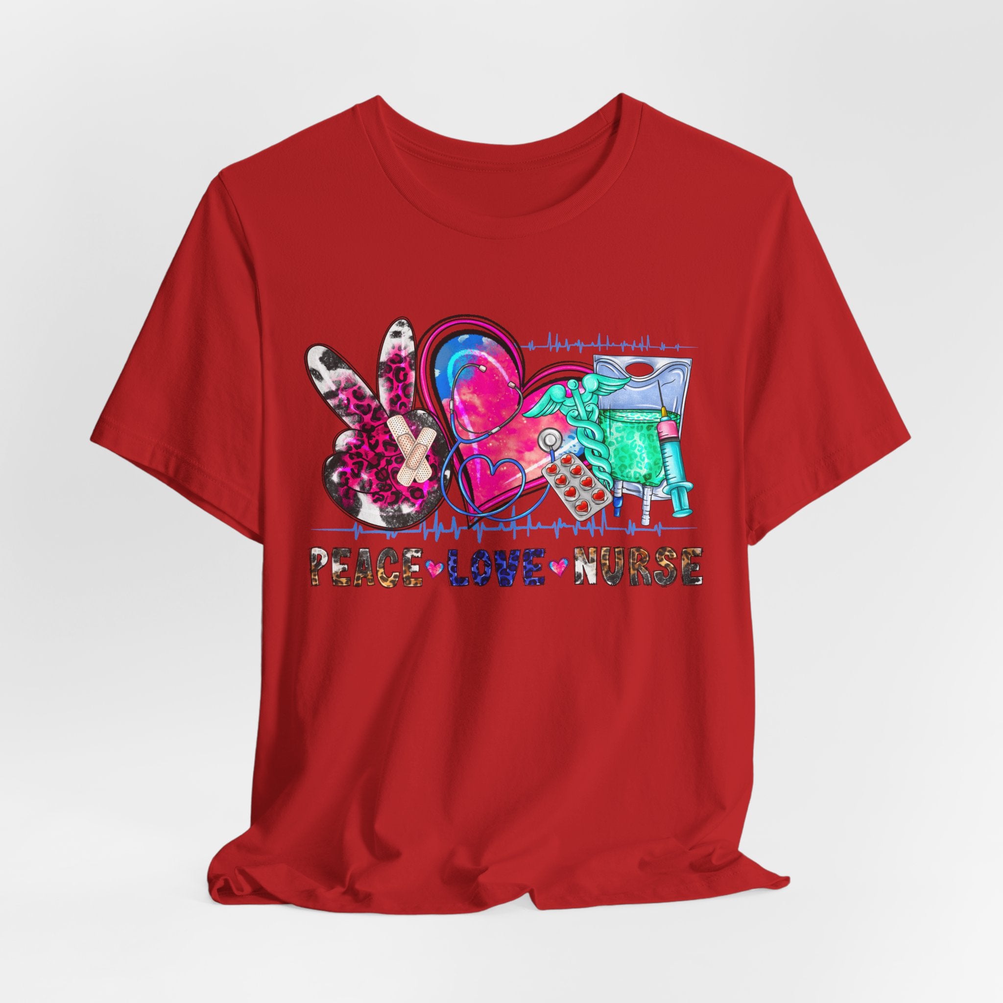 Peace Love Nurse T-Shirt – Colorful Floral Heart & Scrubs Graphic Tee for Nurses