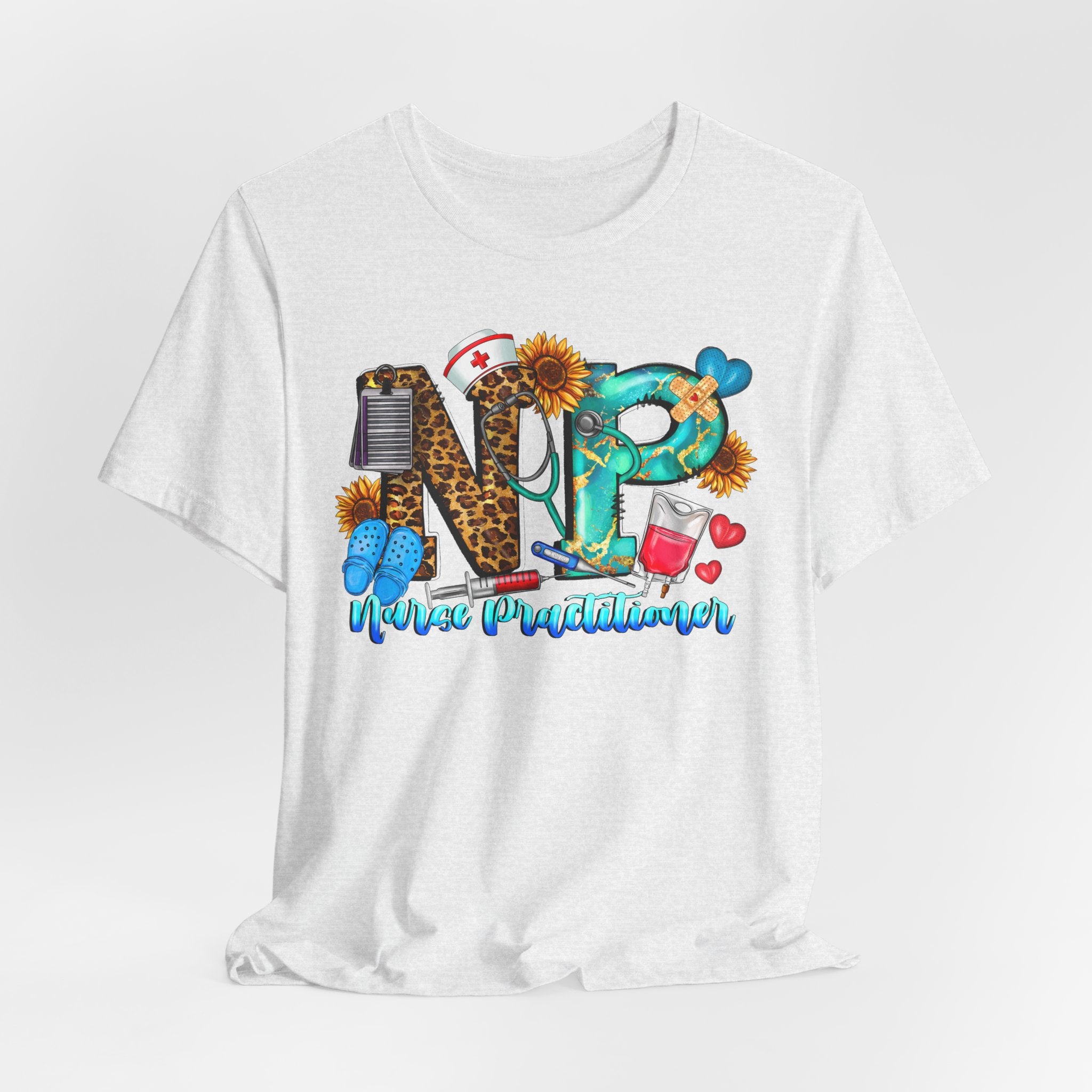 NPR Nurse Practitioner Graphic Tee — Floral, Stethoscope & Leopard Print Design