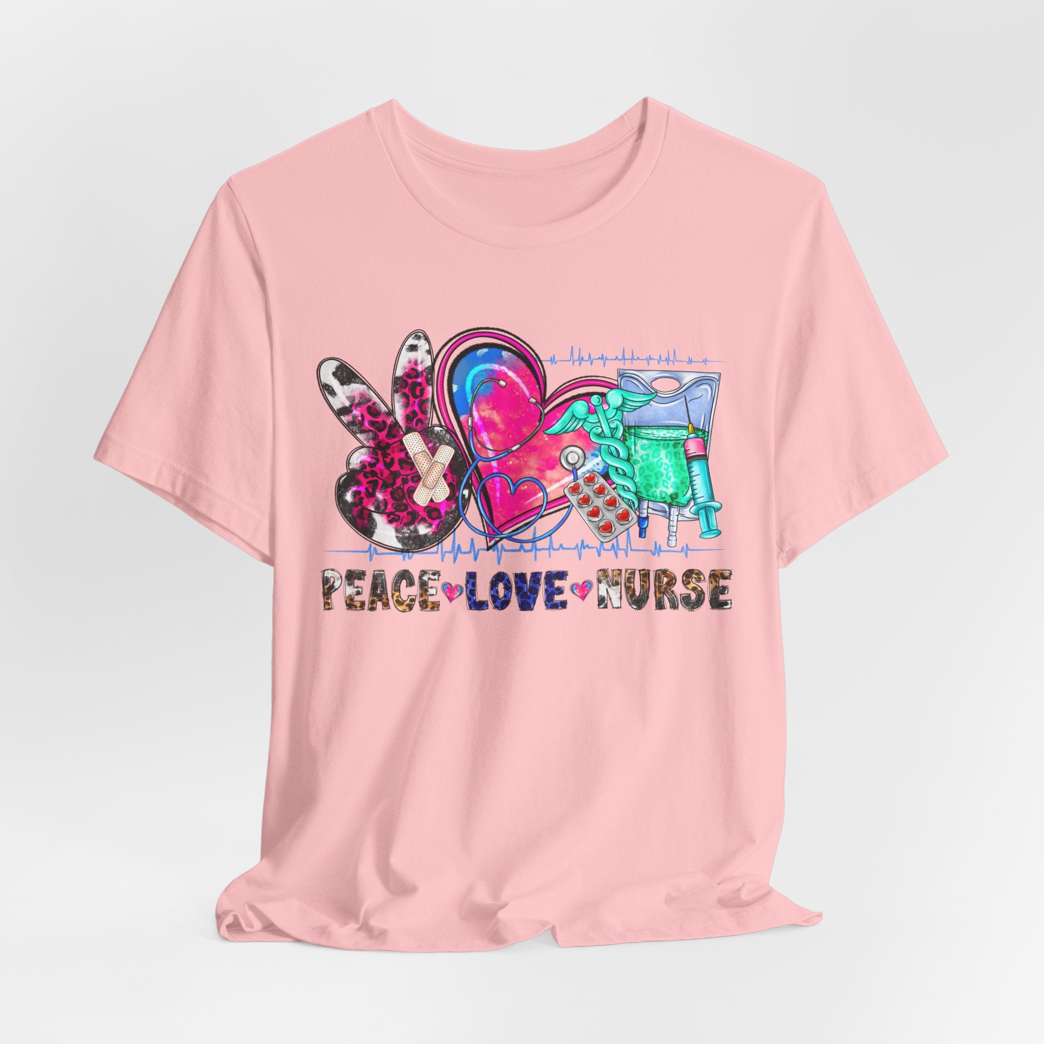 Peace Love Nurse T-Shirt – Colorful Floral Heart & Scrubs Graphic Tee for Nurses