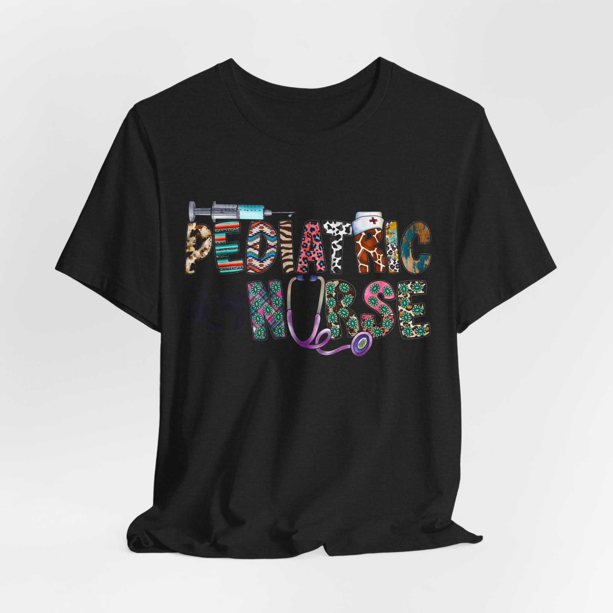 Pediatric Nurse Graphic Tee — Colorful Stethoscope & Baby Prints Design
