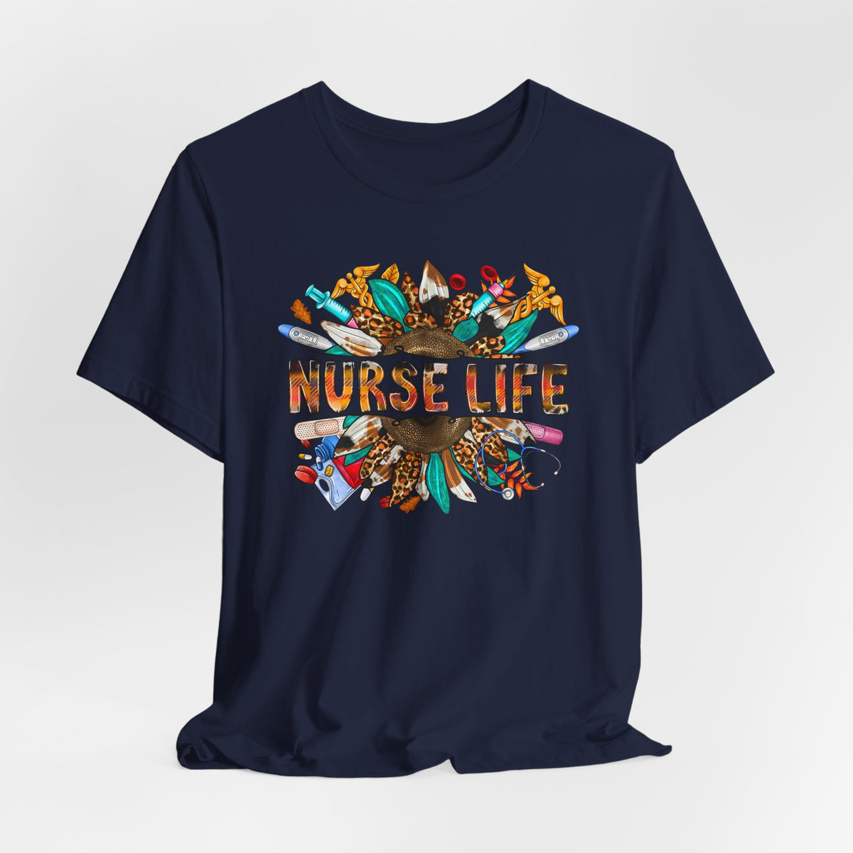 Nurse Life Graphic T-Shirt — Floral Medical Icons Tee for Nurses