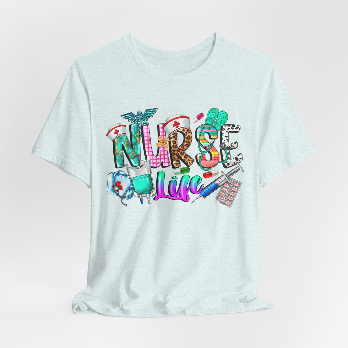 Nurse Life Graphic Tee — Colorful Medical Icons T-Shirt for Nurses