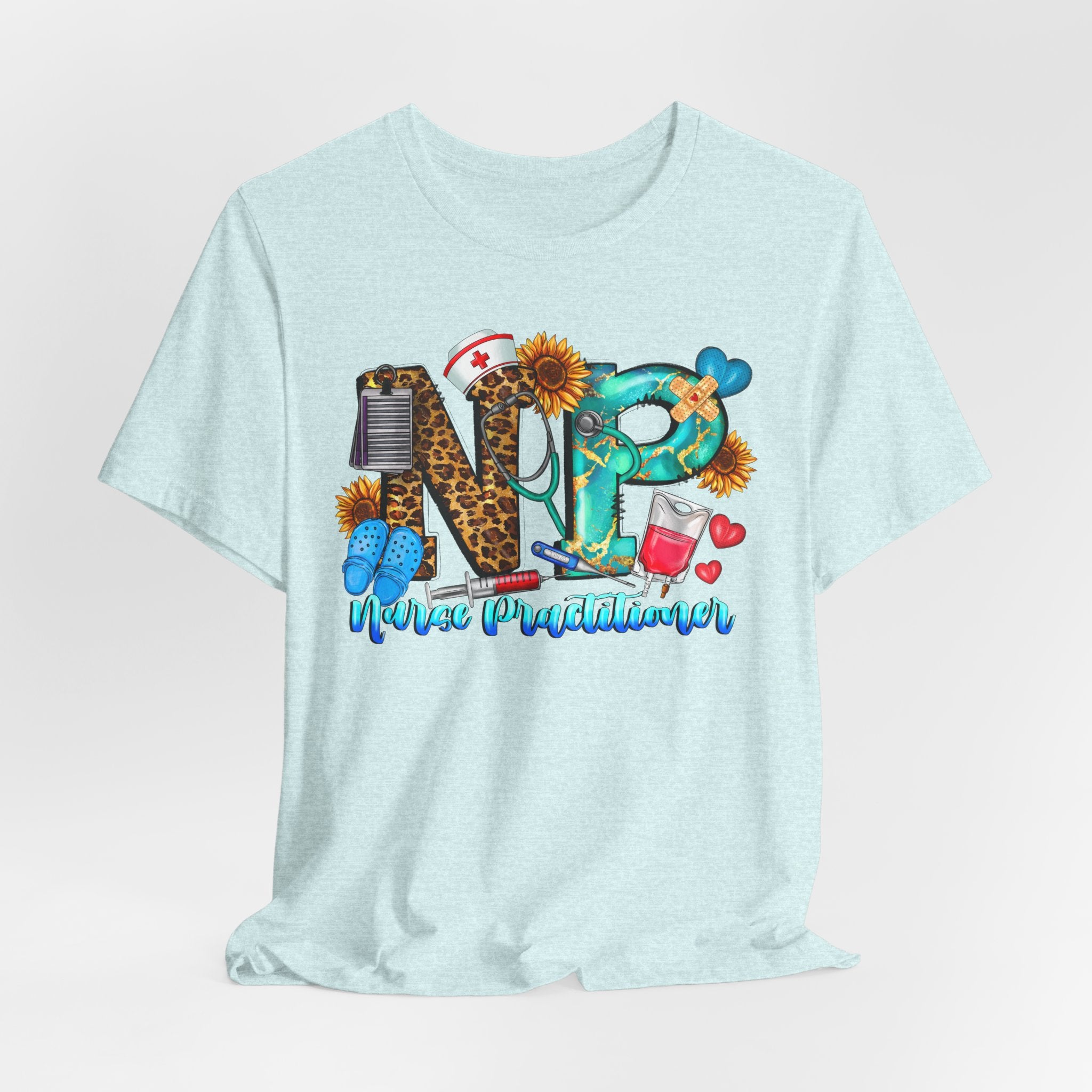 NPR Nurse Practitioner Graphic Tee — Floral, Stethoscope & Leopard Print Design
