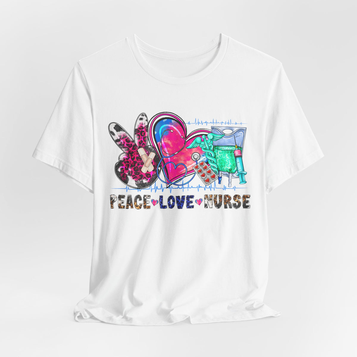 Peace Love Nurse T-Shirt – Colorful Floral Heart & Scrubs Graphic Tee for Nurses