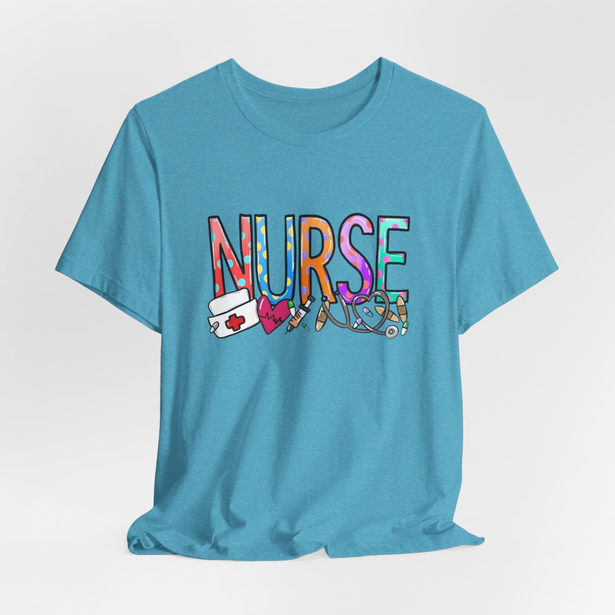 Nurse Floral & Medical Icon Tee - Colorful 'NURSE' Graphic T-Shirt for Healthcare Heroes