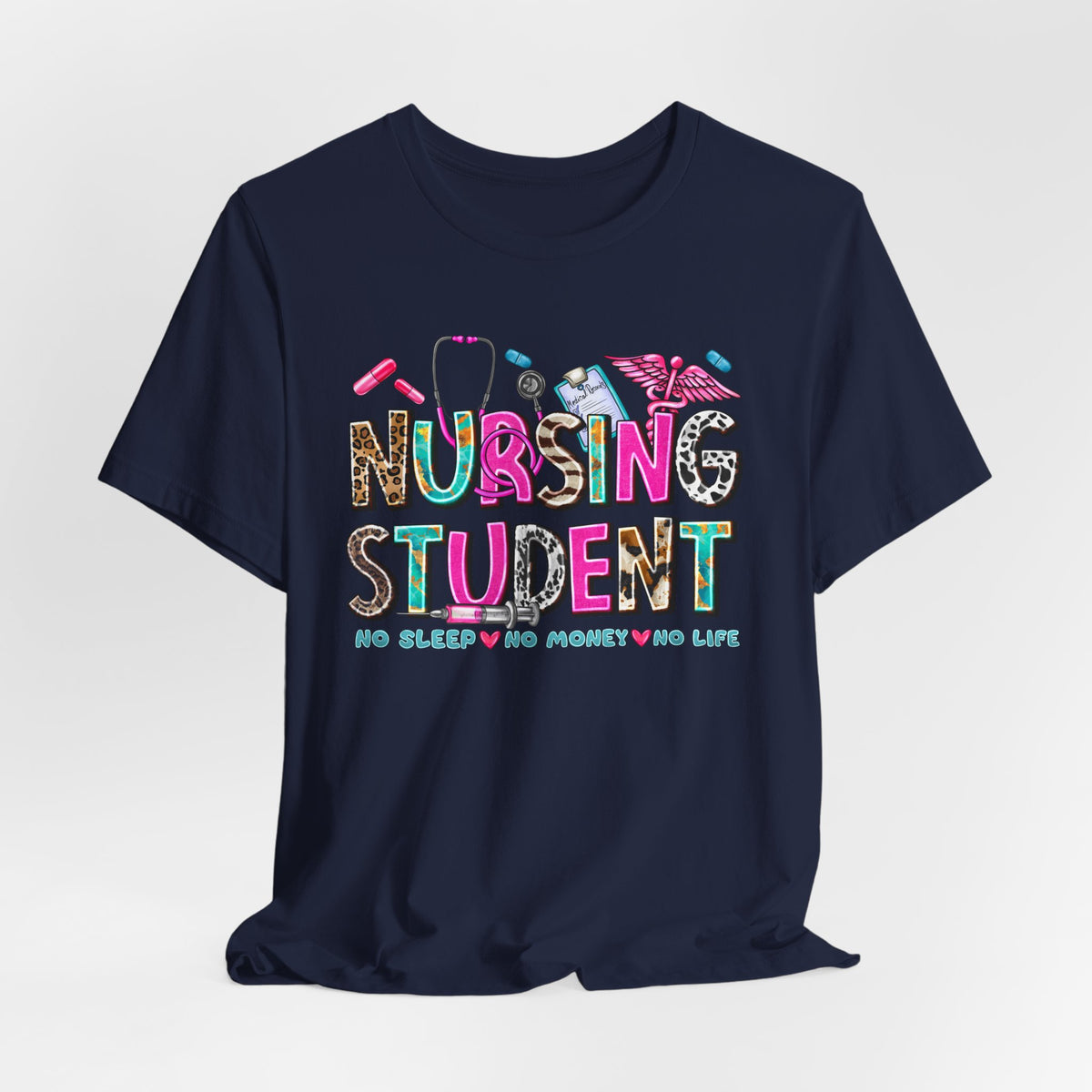 Nursing Student Graphic Tee – Colorful Stethoscope & Scrub Icons