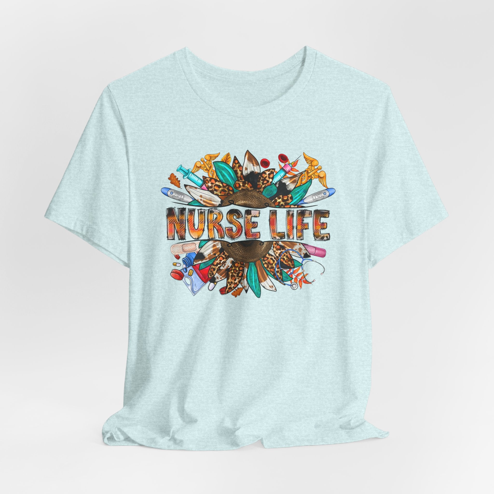 Nurse Life Graphic T-Shirt — Floral Medical Icons Tee for Nurses