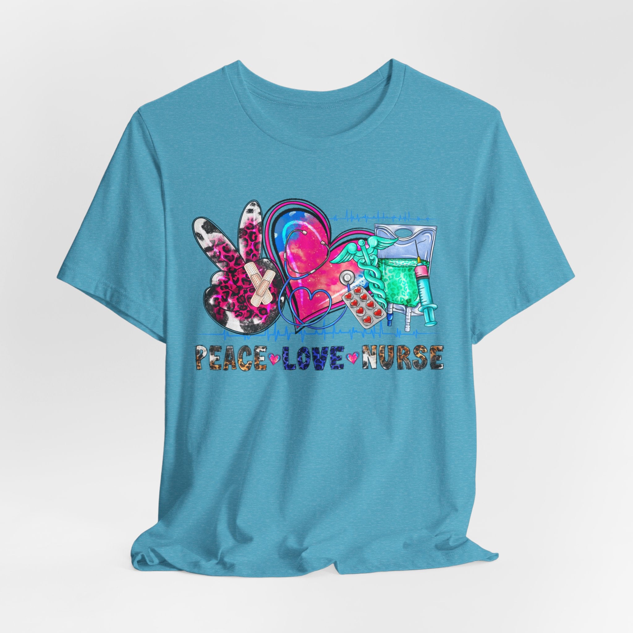 Peace Love Nurse T-Shirt – Colorful Floral Heart & Scrubs Graphic Tee for Nurses