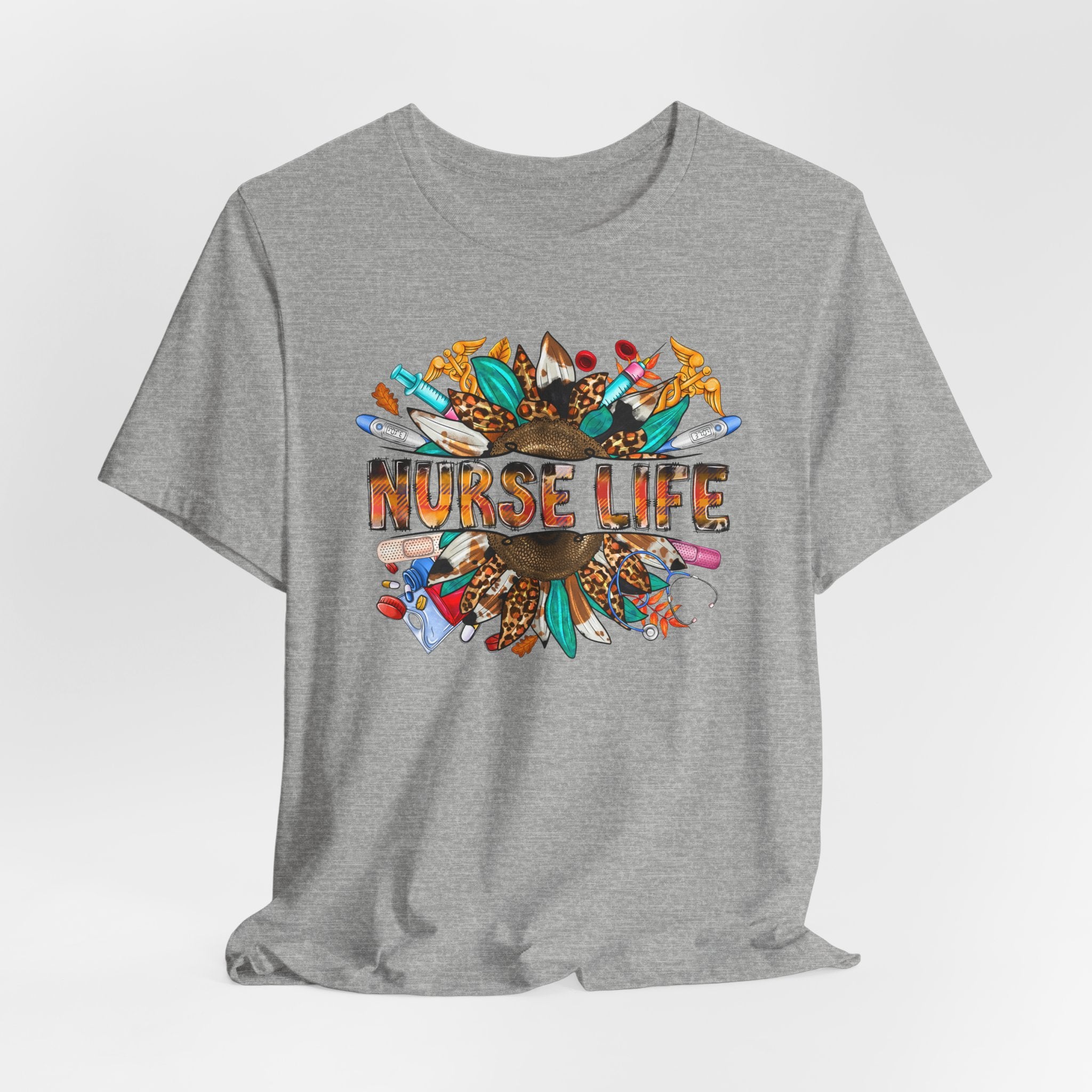 Nurse Life Graphic T-Shirt — Floral Medical Icons Tee for Nurses