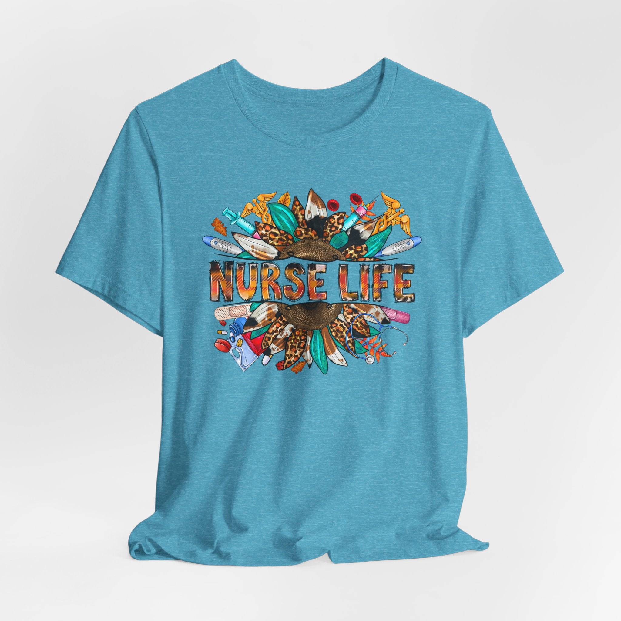 Nurse Life Graphic T-Shirt — Floral Medical Icons Tee for Nurses
