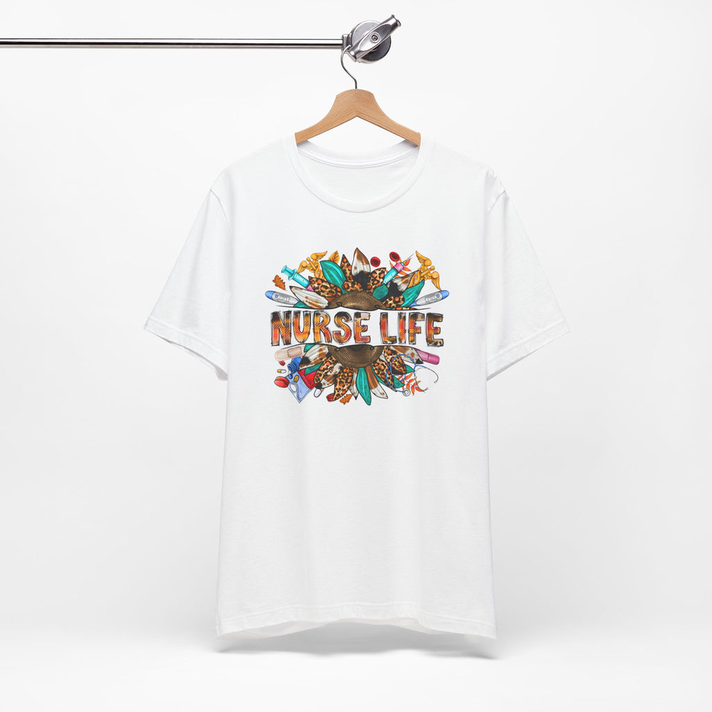 Nurse Life Graphic T-Shirt — Floral Medical Icons Tee for Nurses