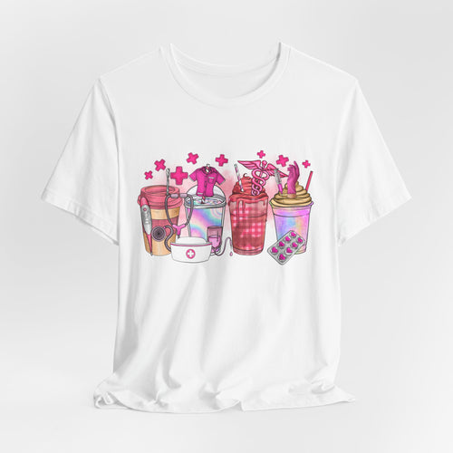 Coffee & Bubble Tea Graphic Tee — Pink Drinks Illustration